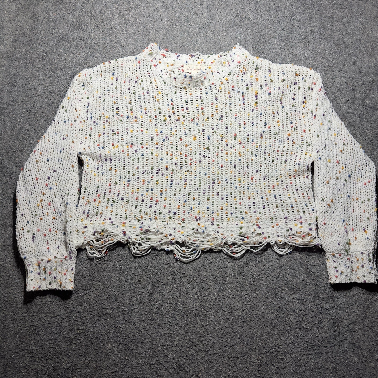Sweet Generis Women S/M White Confetti Rainbow Distressed Fringe Oversized Crop