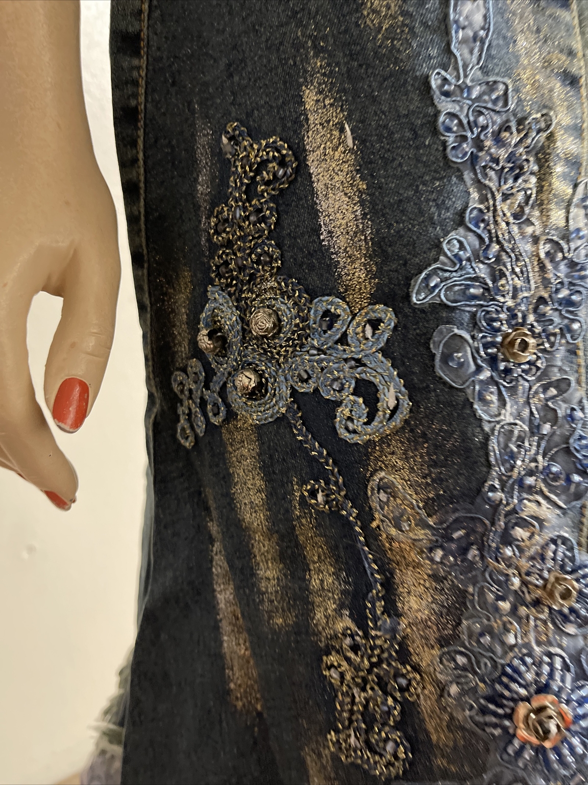 Blue Denim Beaded Embroidery Lace Boho Asymmetric Zip Size XL (10-12) Skirt 9002