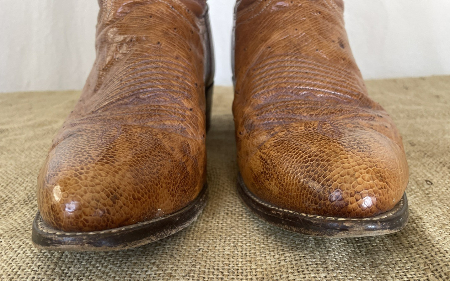 VTG J Chisholm Men Size 11.5D Full Quill Ostrich Leather Cognac Cowboy Boots USA