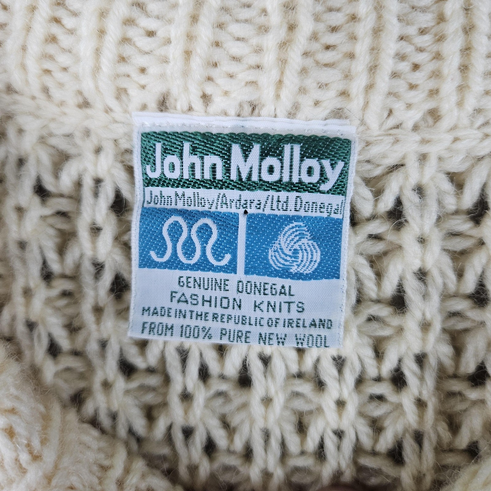 John Molloy Sweater Mens Large Cream Aran Fisherman 100% Wool Made in Ireland