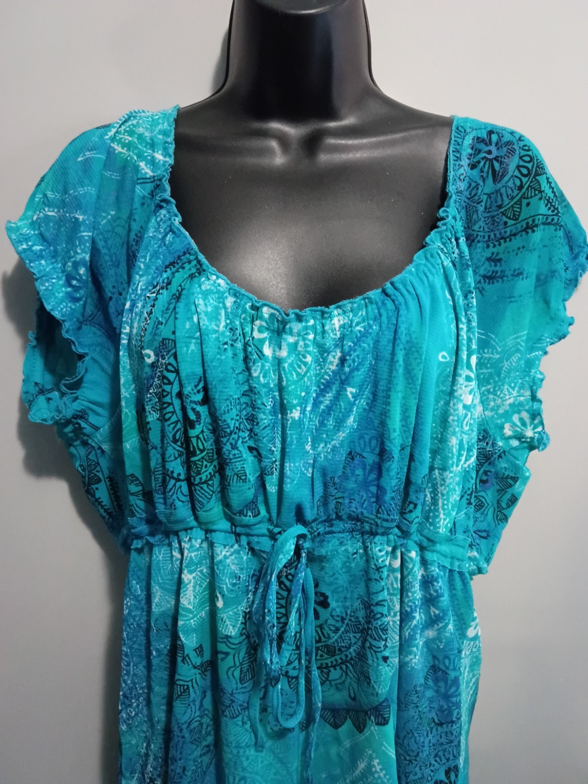 Liz Claiborne Axcess Shirt XL Scoop Neck Short Cap Sleeve Floral Blue Blouse