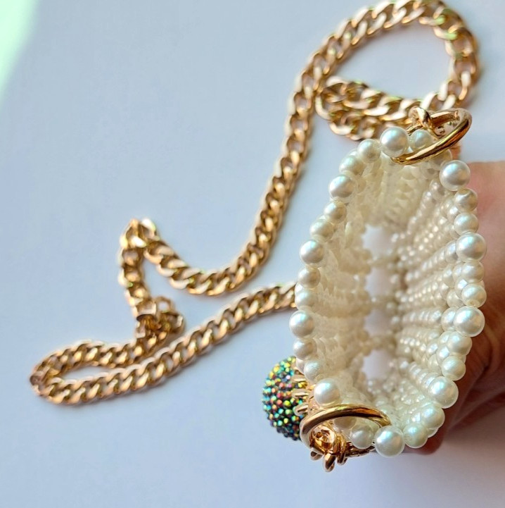 Handmade Pearl Beaded Cell Phone Bag with Gold Chain, Mobile Phone Bag Crossbody