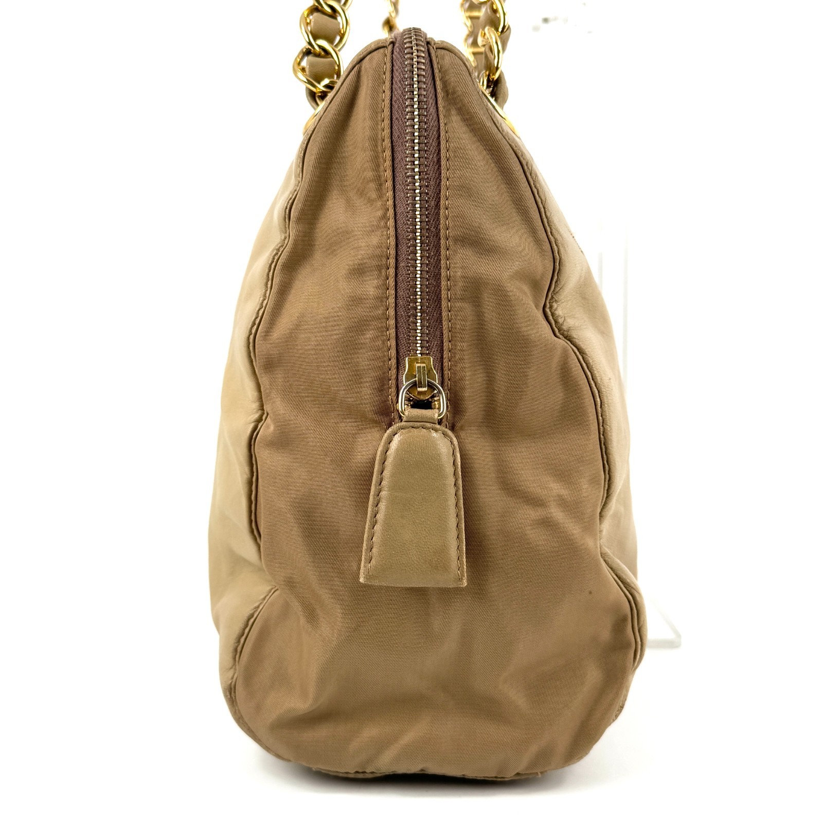 PRADA Double Chain Leather Shoulder Bag Embossed Authentic Beige From Japan