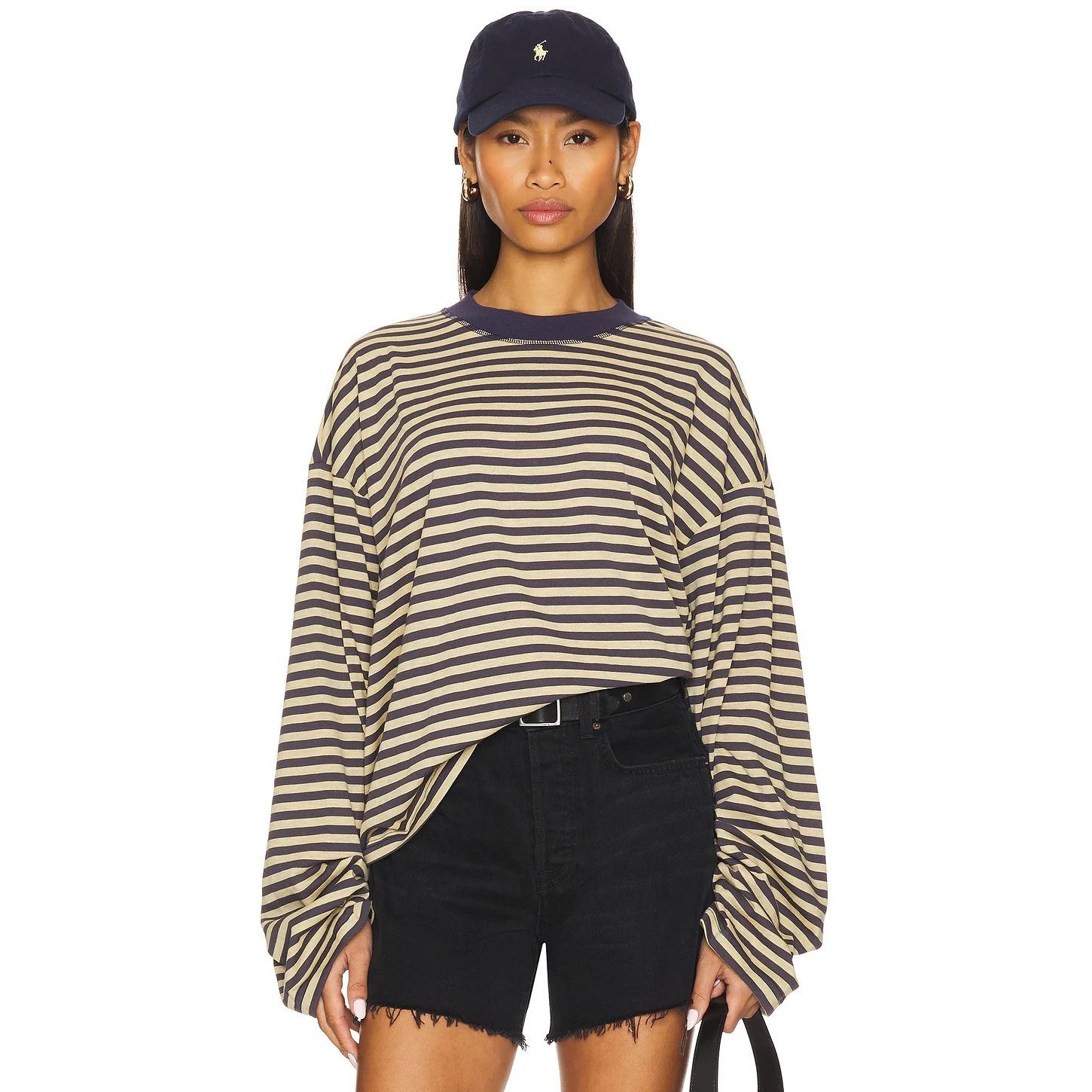 Lioness Bloom Top Beige Stripe Long Sleeve Navy Blue Boxy Oversized Streetwear S