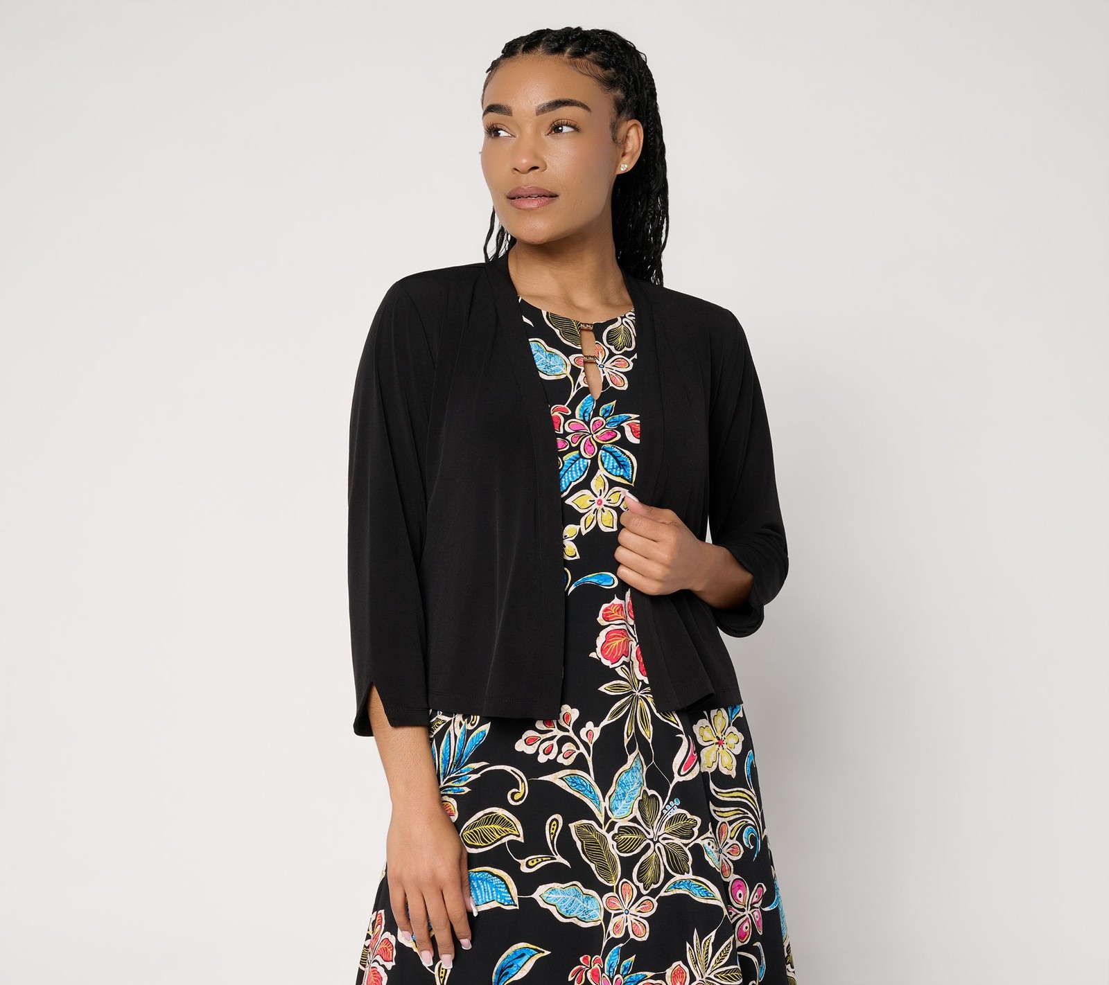 Susan Graver Print or Solid Liquid Knit 3/4 Sleeve Shrug Black L New