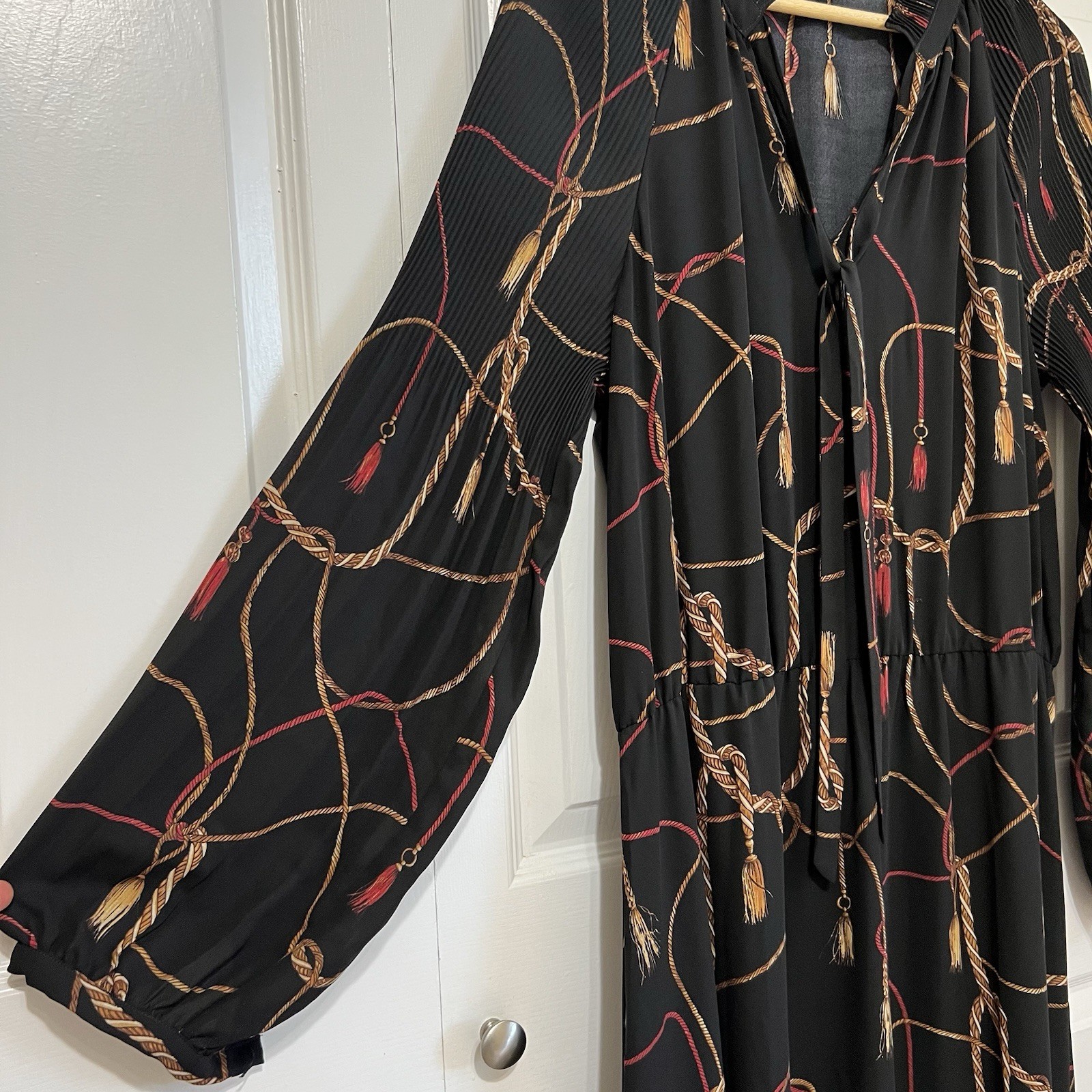 Lauren Ralph Lauren Black Tassel-Print Georgette Tie Neck Midi Dress Size 14