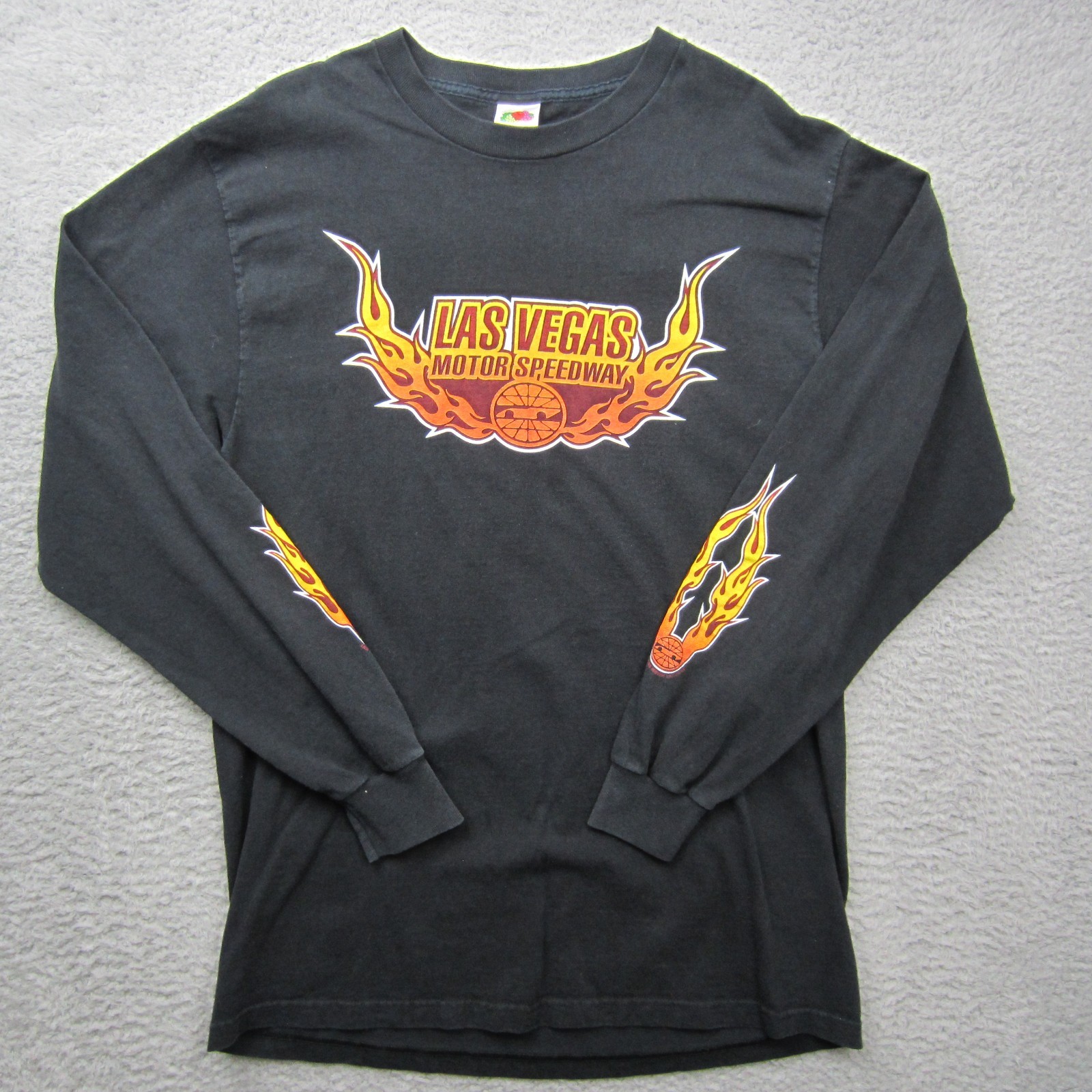 VTG Las Vegas Speedway Racing Shirt Mens Large Black Flames 90s Y2K Long Sleeve