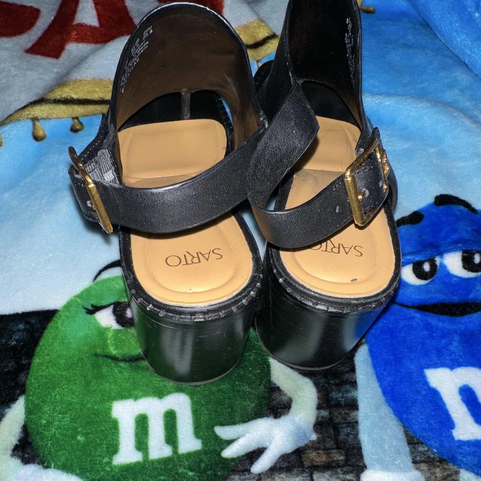 Franco Sarto Women’s Black Leather Slingback Peep Toe Buckle Heels 9.5M 40.5