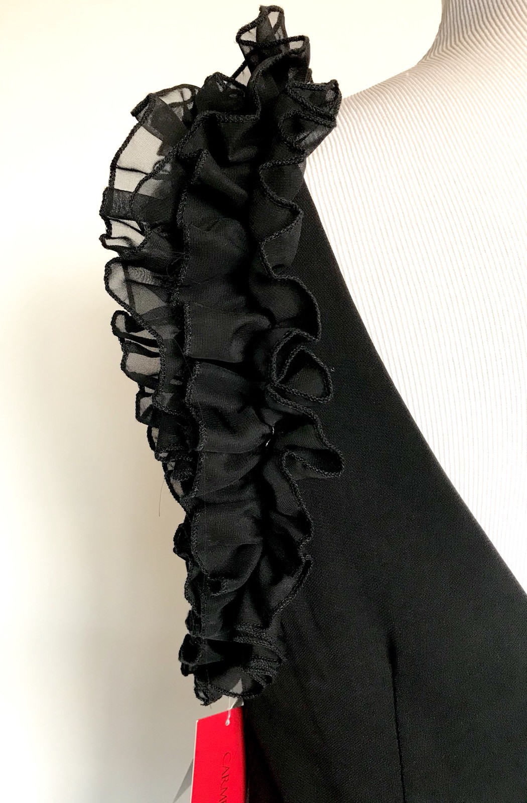 Carmen Marc Valvo Sz 8 Sheath Dress Black Ruffle Arms Retail $325 Price $148 NWT