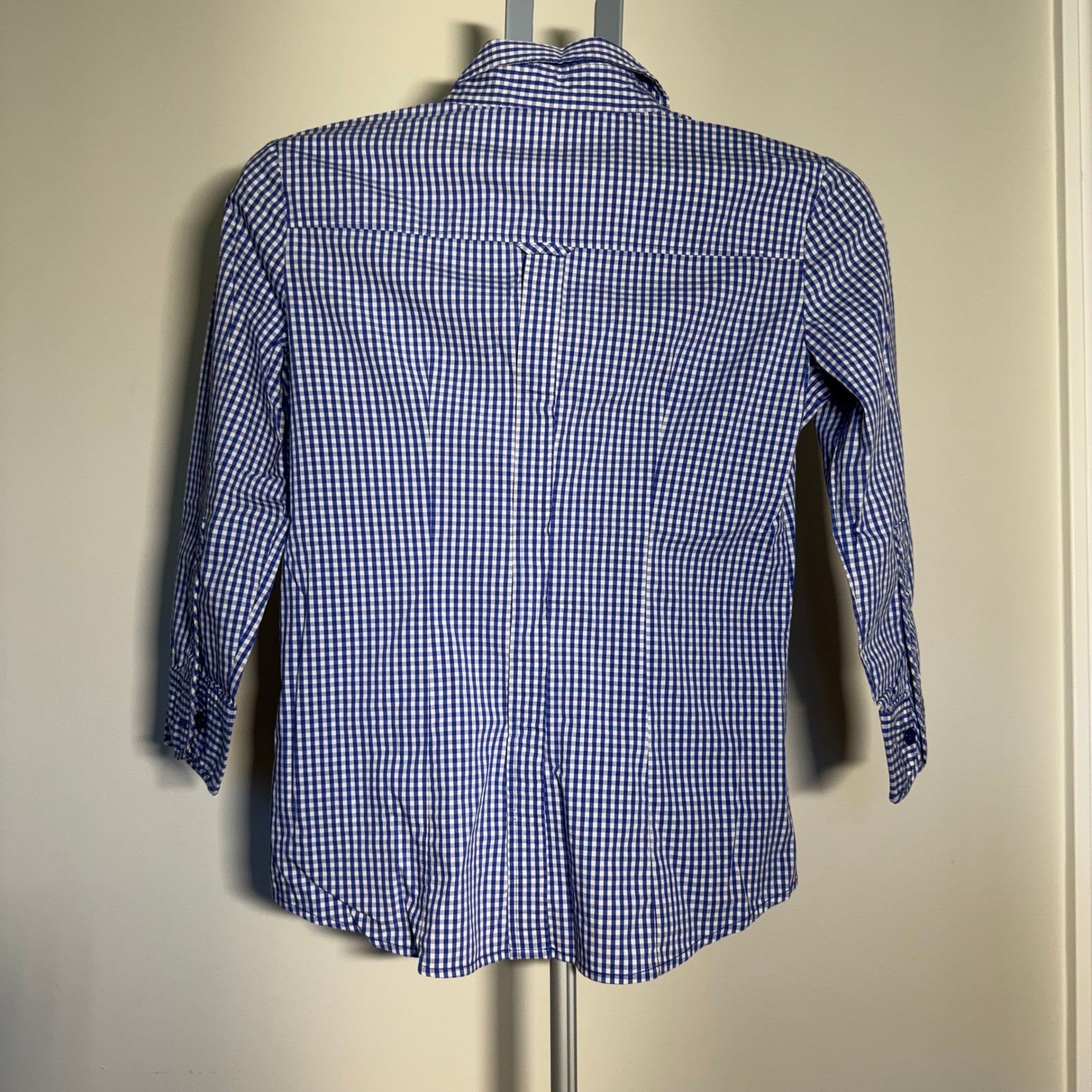 New York & Company Blue White Gingham 7th Avenue Stretch Shirt Womens Small S