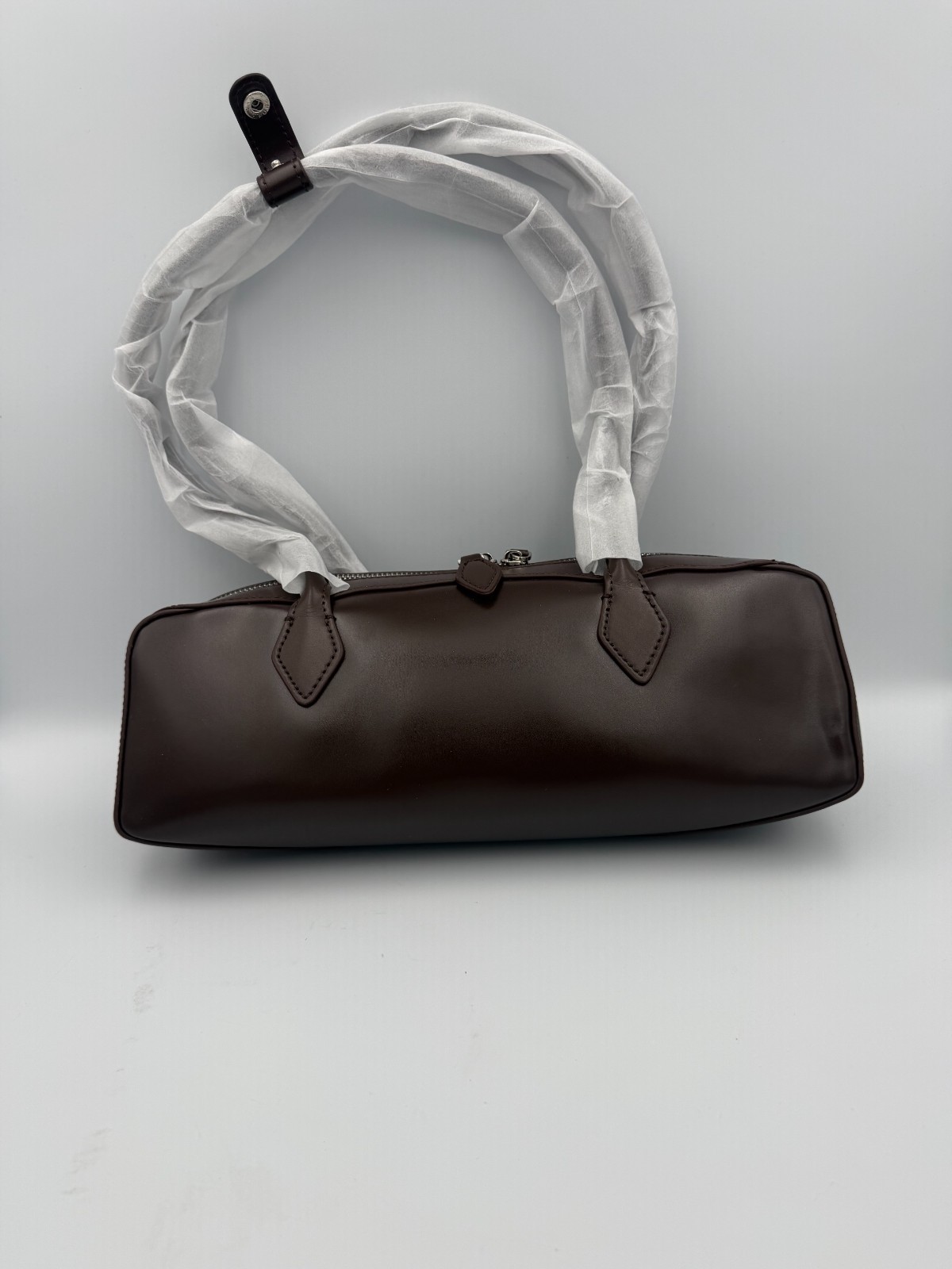 Unbranded Brown Leather East West Shoulder Bag Minimalist Barrel Purse 12×4.5×5