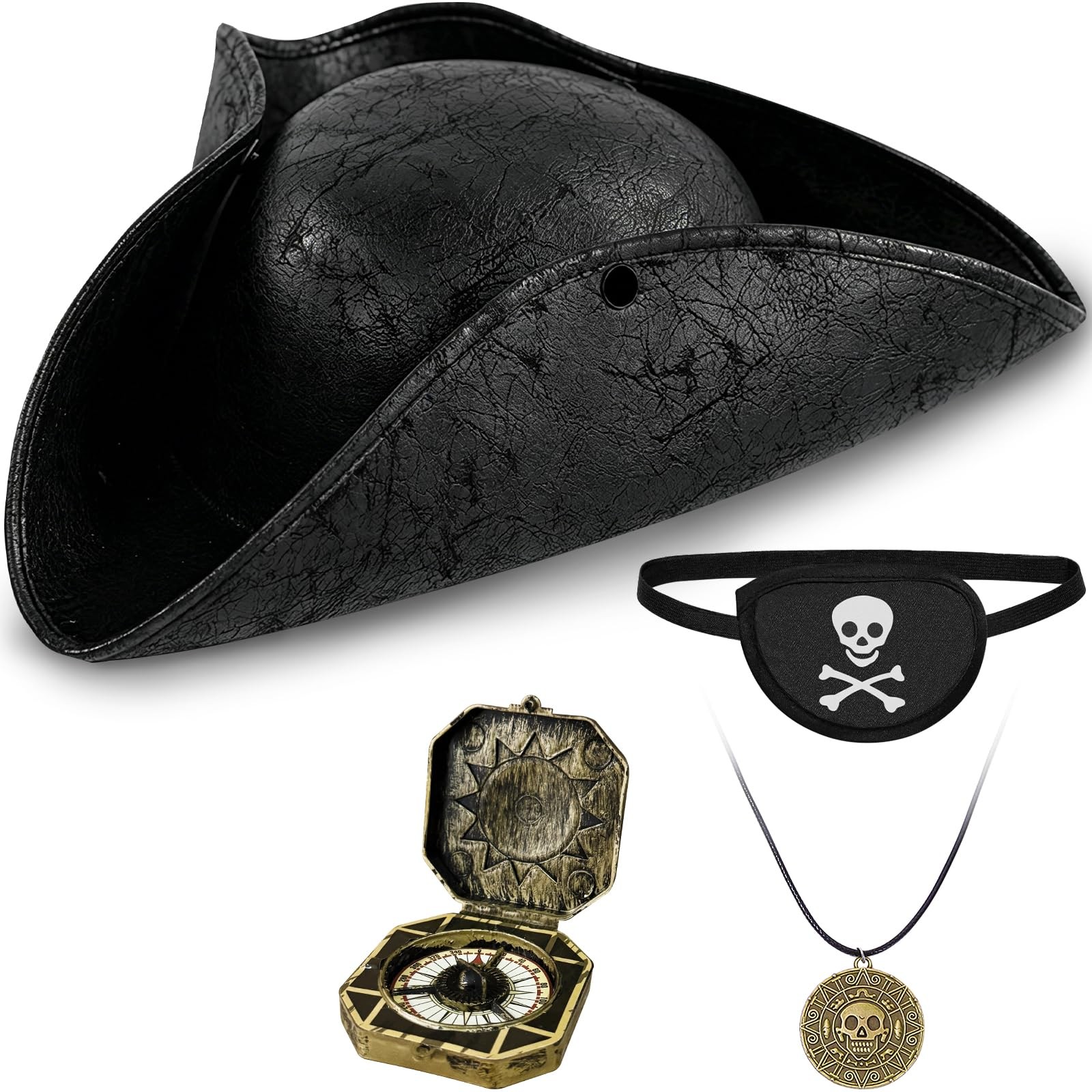 Zddaoole 4 PCS Black Renaissance Pirate Tricorn Hat,Vintage Black-leather