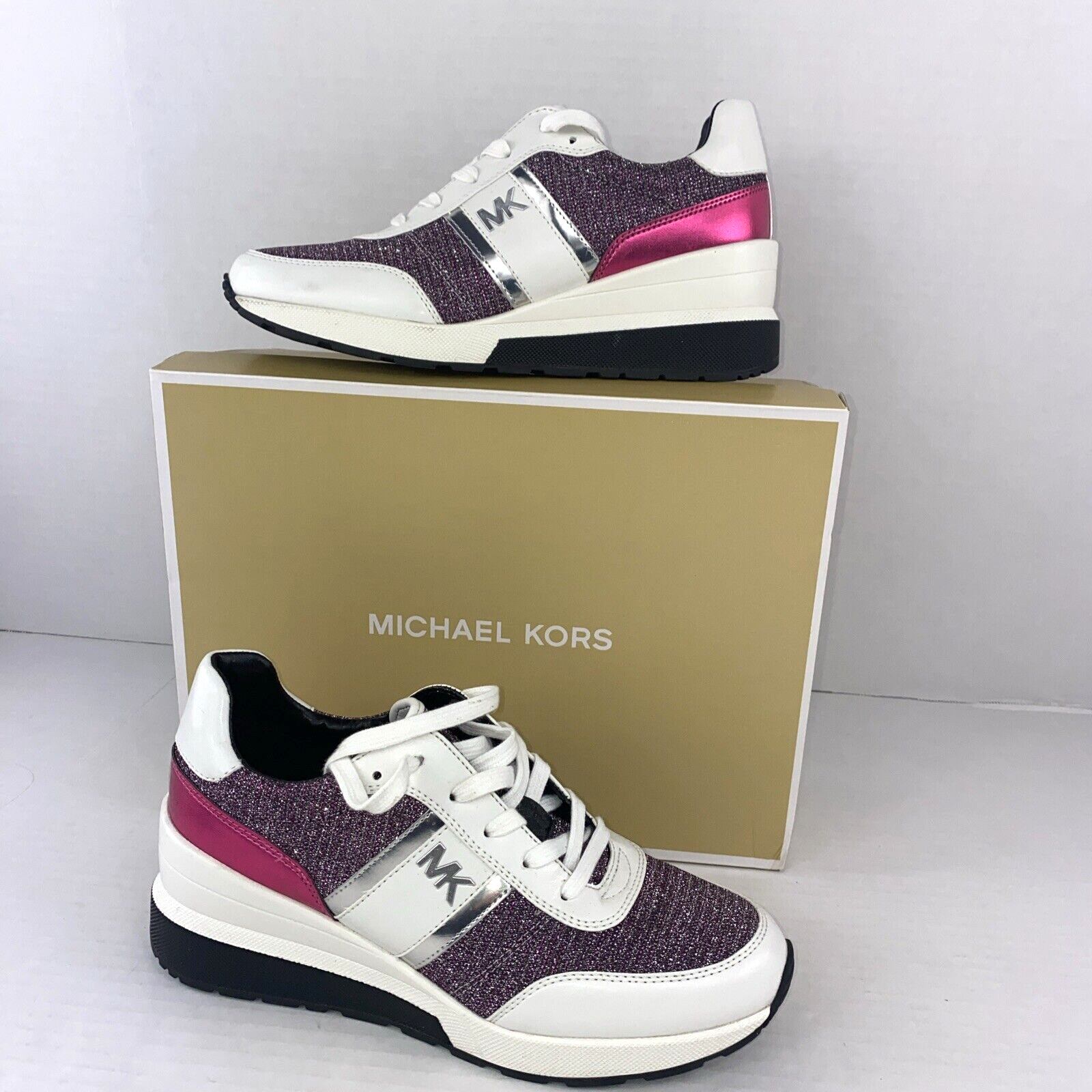 Michael Kors Mabel Trainers Sneakers Merlot Size 9 White Pink Glitter B3F