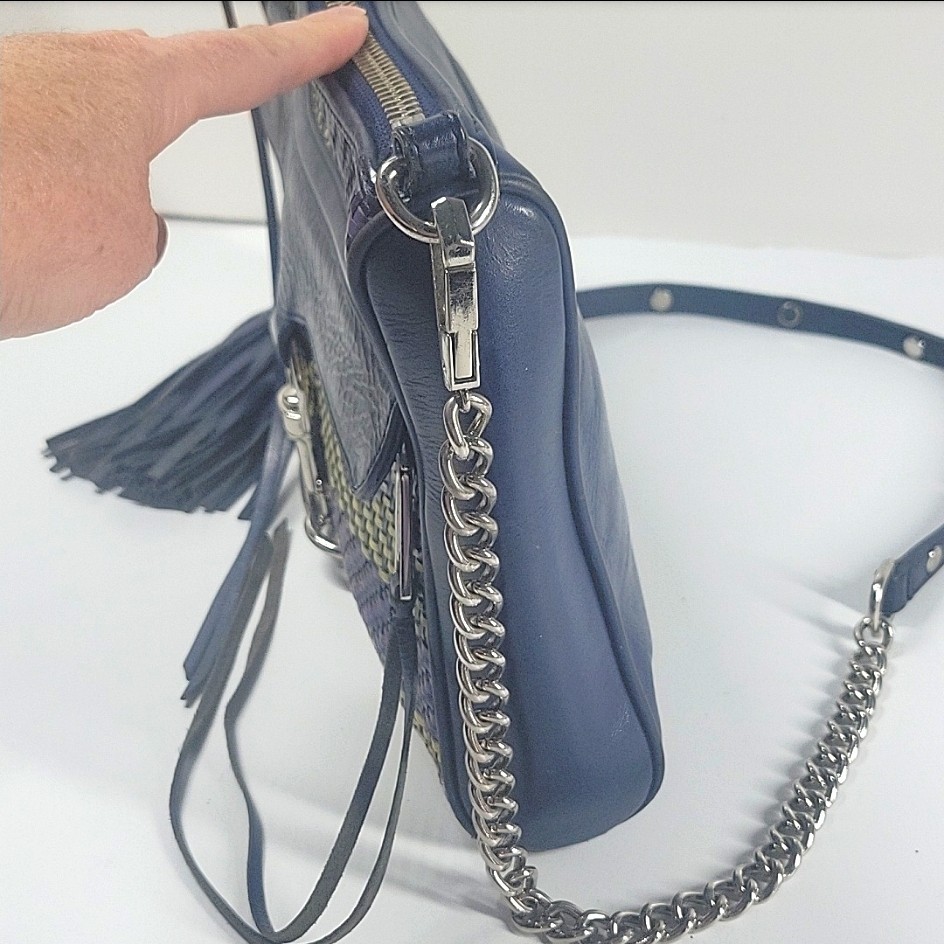 Rebecca Minkoff MAC Woven Leather Crossbody Bag Chain Strap Navy Tassel