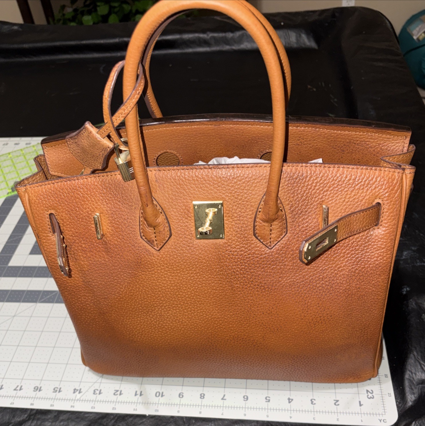 100% Genuine Bonded Leather Structured Satchel Tote Brown Gold Lock Large Bag