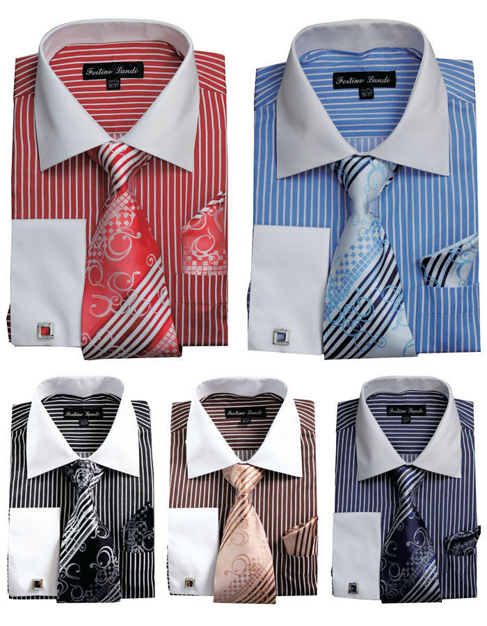 Men’s French Cuff Striped Dress Shirt with Tie Handkerchief and Cufflinks FL631