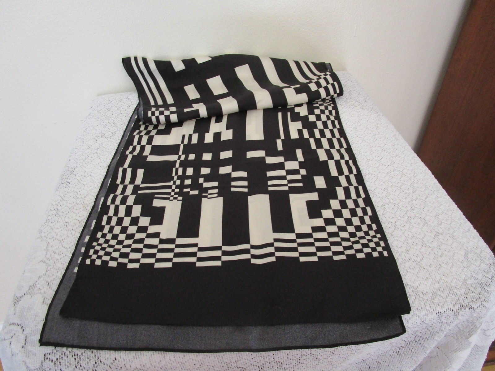 Halston Silk Scarf Black White Rectangle Signed 56” long 10.25” Wide XLNT