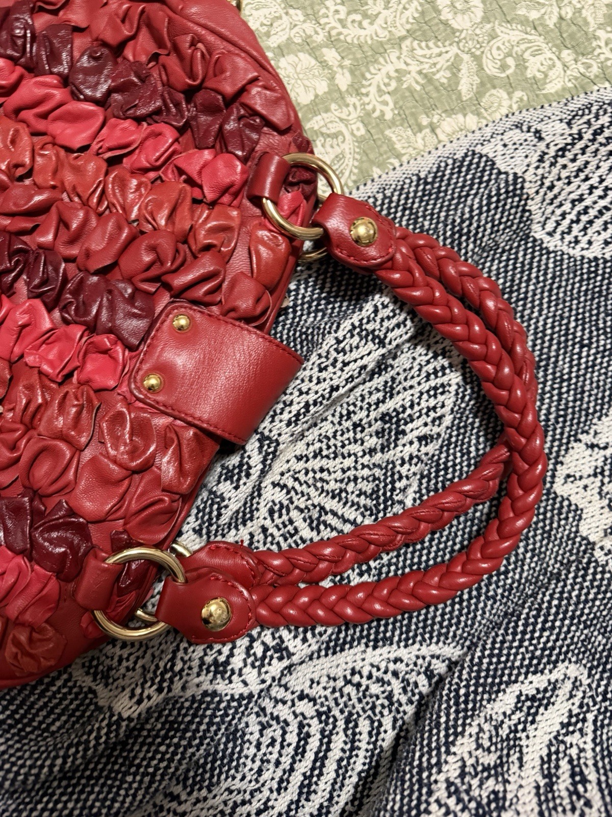 Miu Miu Red Satchel Top Handle Bag Braided Handles Gold Hardware Zip Push Lock