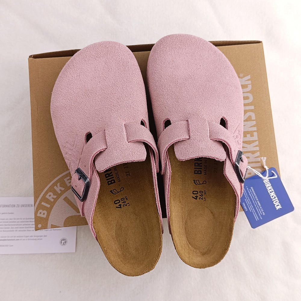 Women’s Birkenstock × Stussy Boston Clog Dusty Pink Suede Leather Wide Shoes