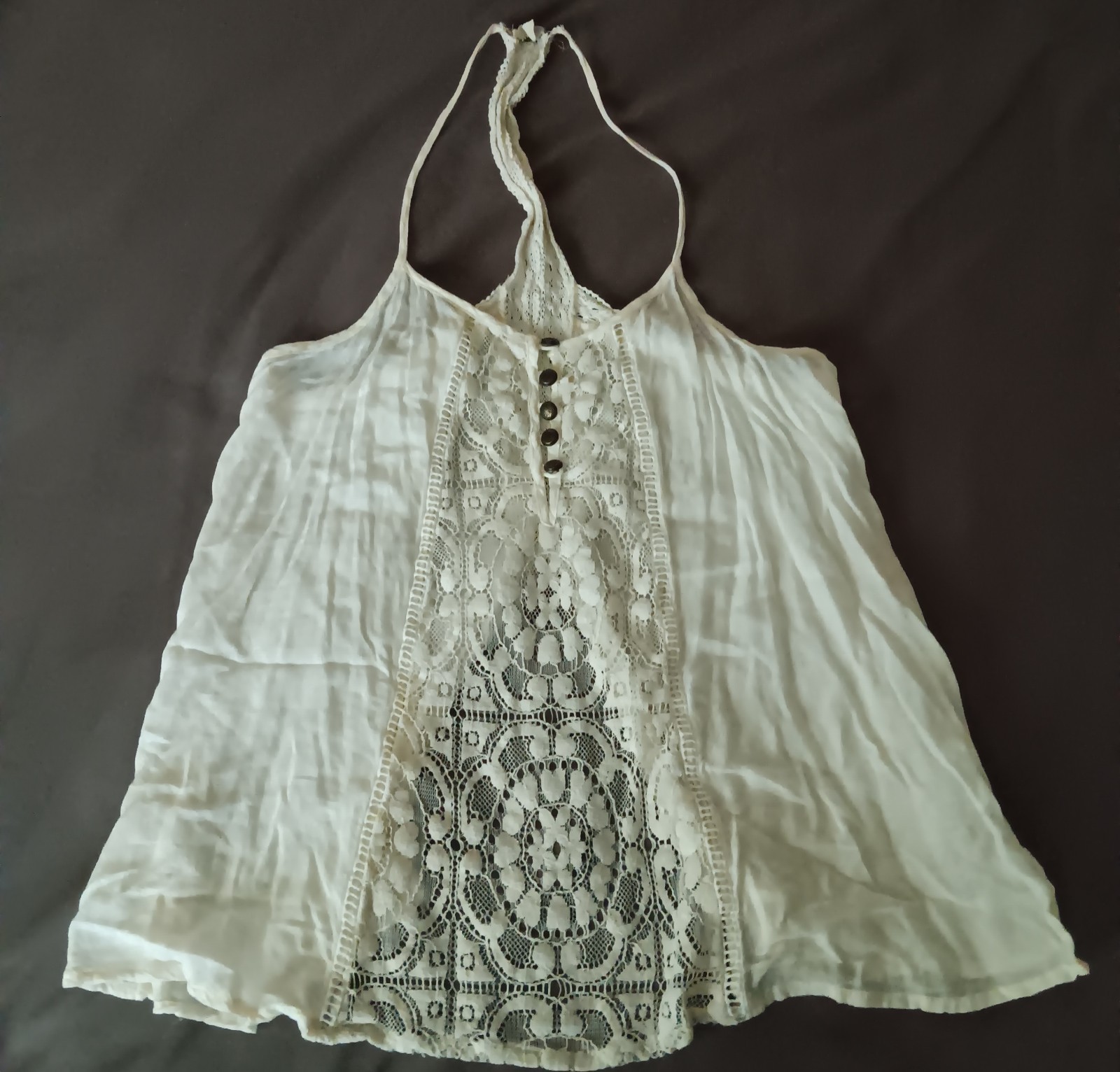 Jolt Women’s Cream Halter Lace Crochet Panel Button boho Top Small