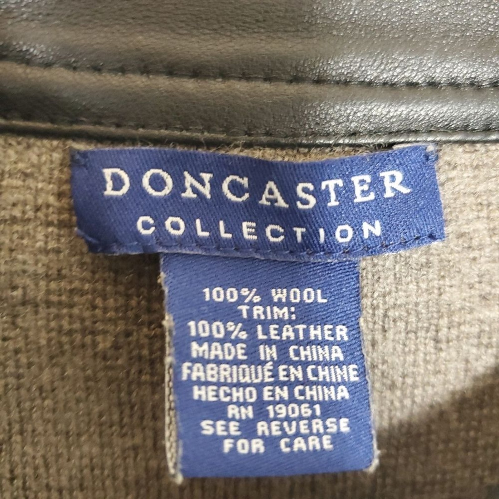 Doncaster 100% Wool Sweater Leather Trim 3/4 sleeve taupe Zipper Cardigan jacket
