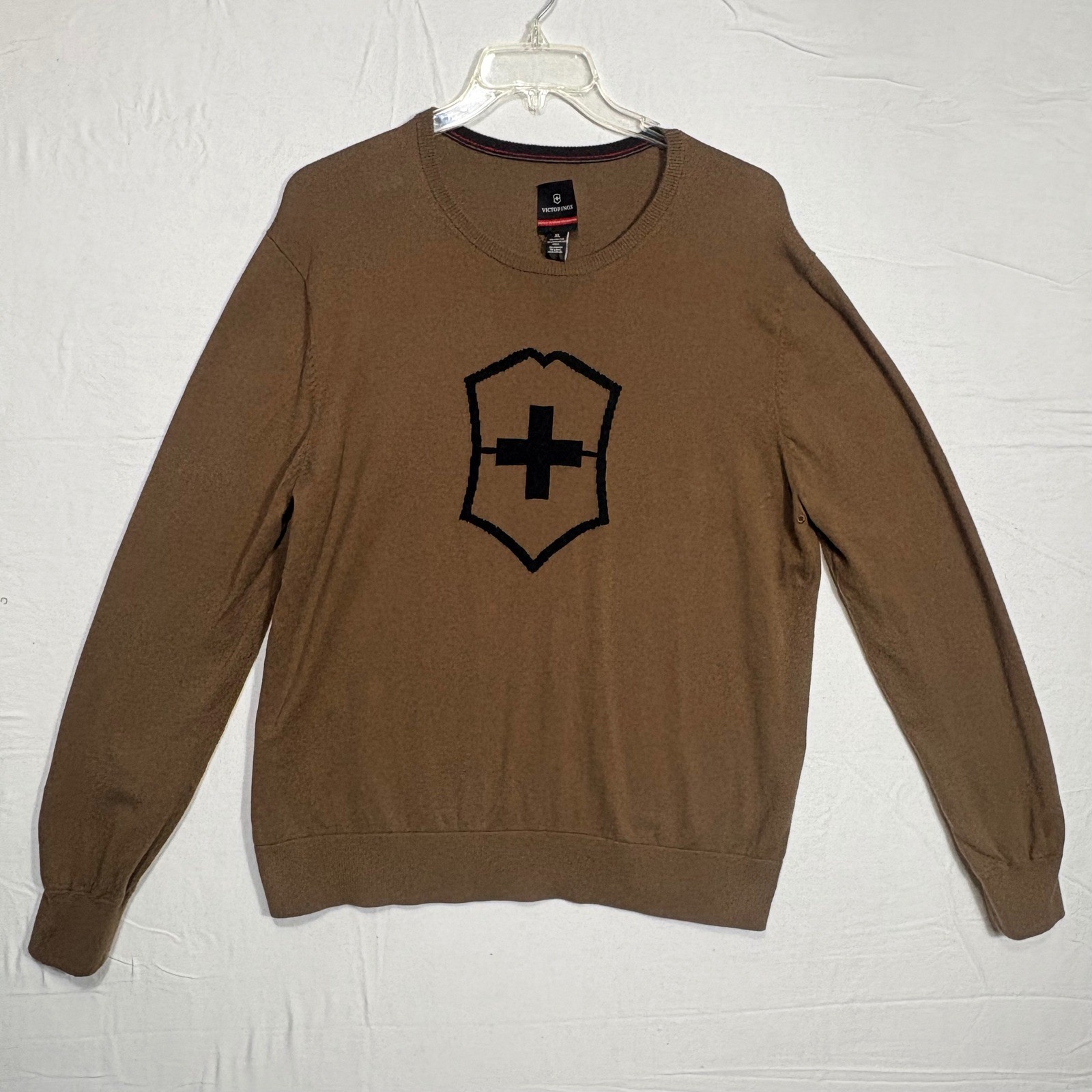 Victorinox Crew Neck Sweater Mens XL Brown Swiss Army Shield Logo Cotton Wool