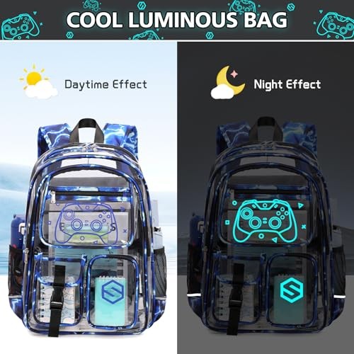 3PCS Cool Luminous Clear Backpack + Lunch Bag + Pencil Case Blue Lightning