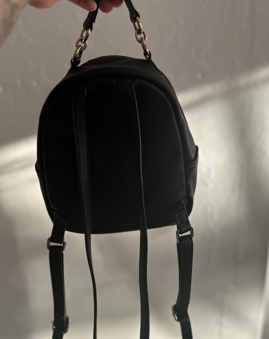 Tommy Hilfiger Black Pebbled Mini Backpack, Gold Hardware, Zip, Logo, Adj Strap