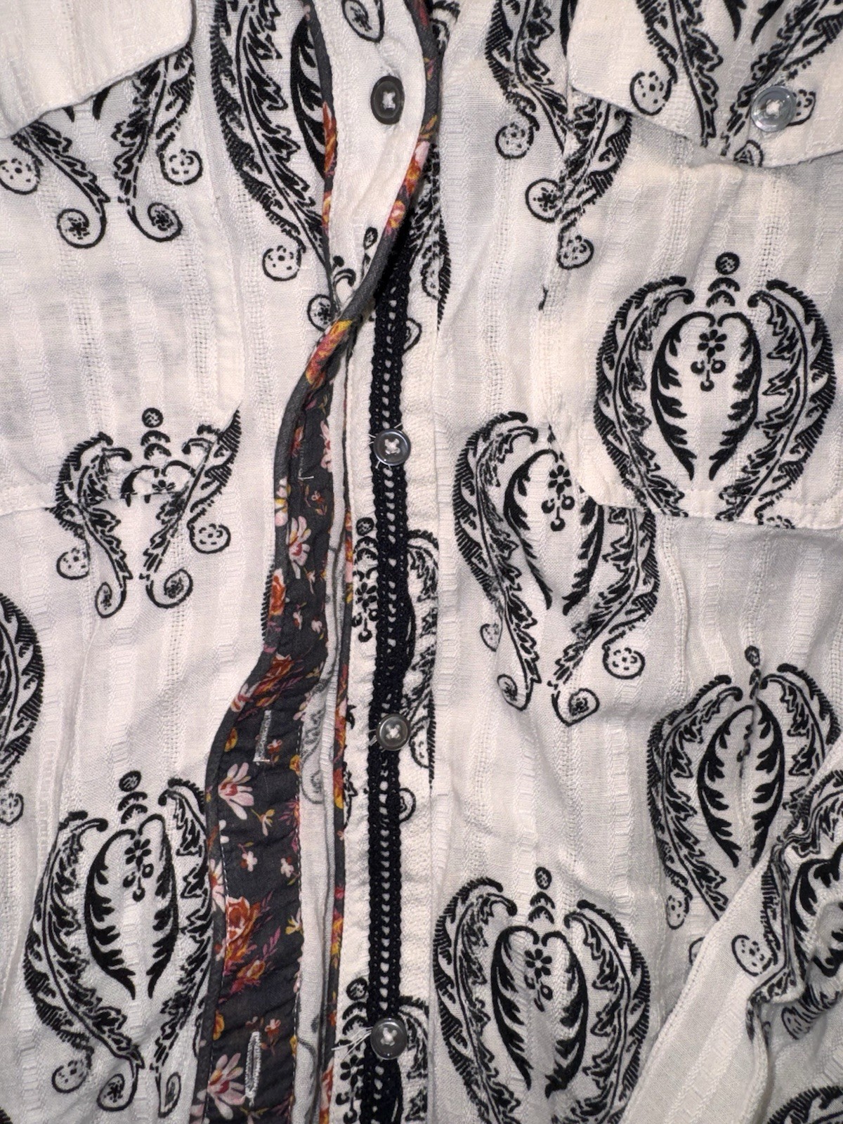 Sundance Women’s S White/Black Paisley Embroidered Collared Woven Cotton Shirt