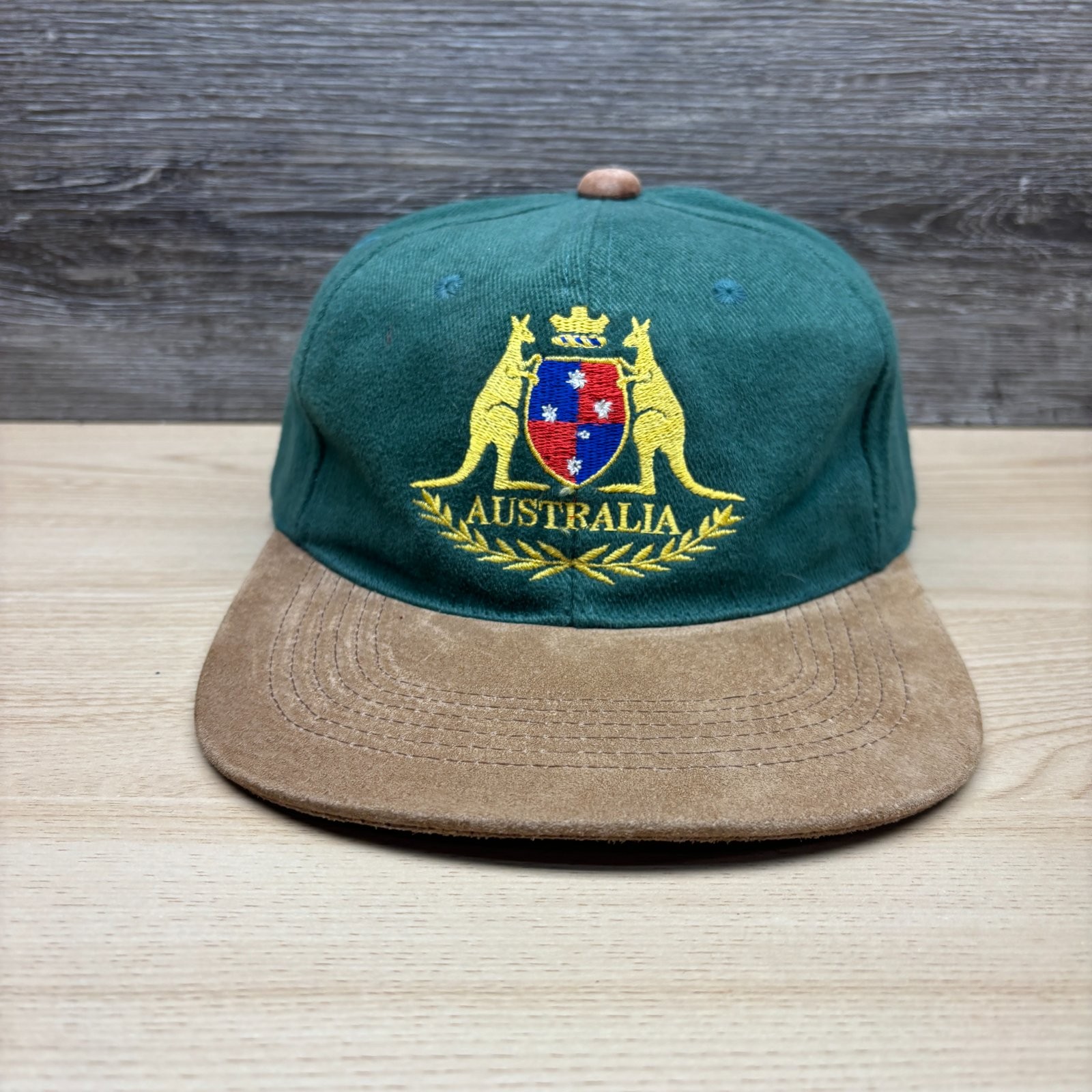 Vintage Australia Hat Cap Snap Back Green Tan Kangaroo Logo Mens