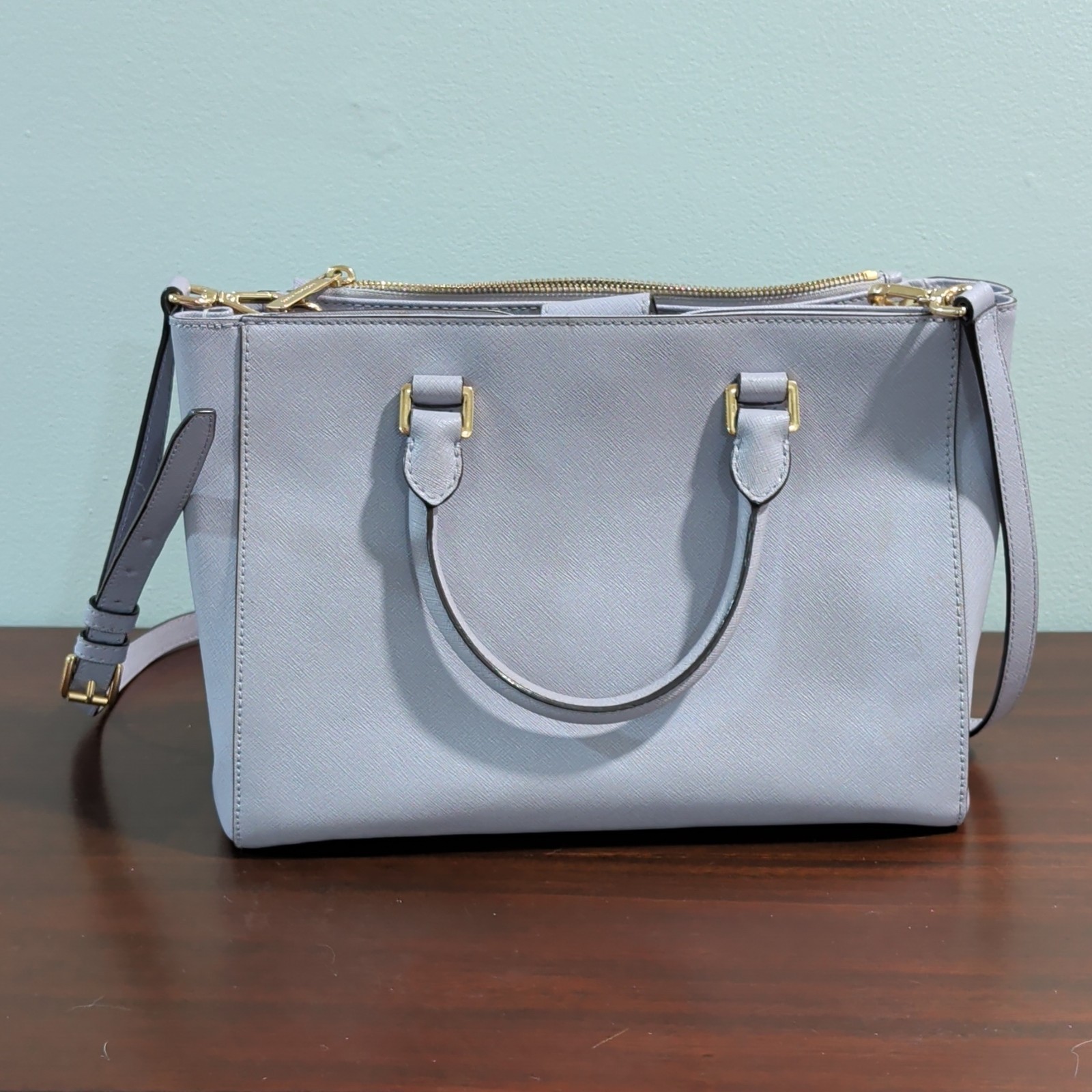 Michael Kors Savannah Saffiano Leather Satchel Pearl Grey w Gold Hardware