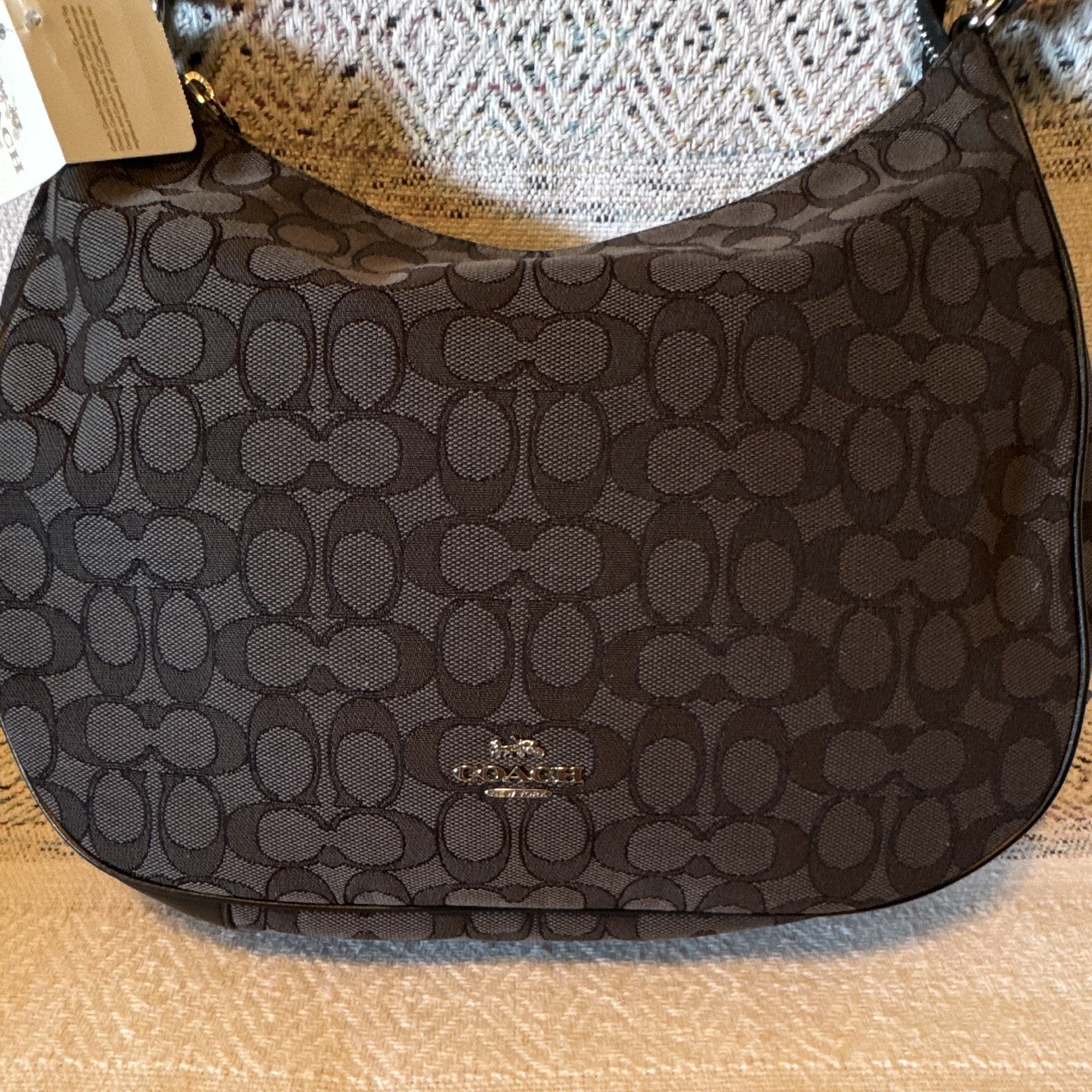 Coach Signature Crescent Shoulder Bag Black Gray Zip Closure Silver Hardware