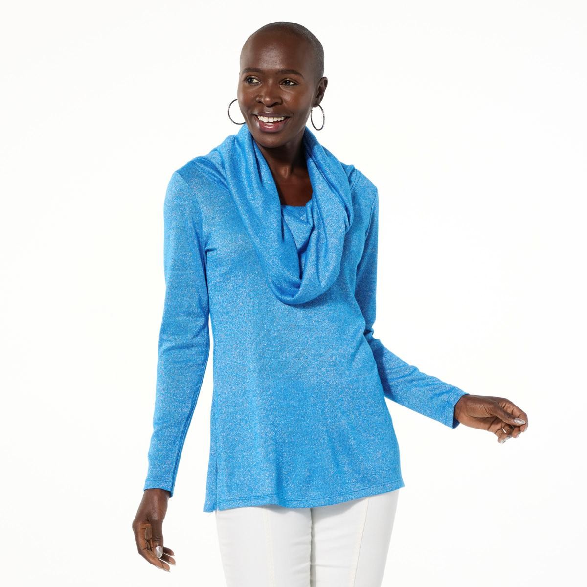 Colleen Lopez Collection Super Soft Convertible Shimmer Sweater Cerulean S New