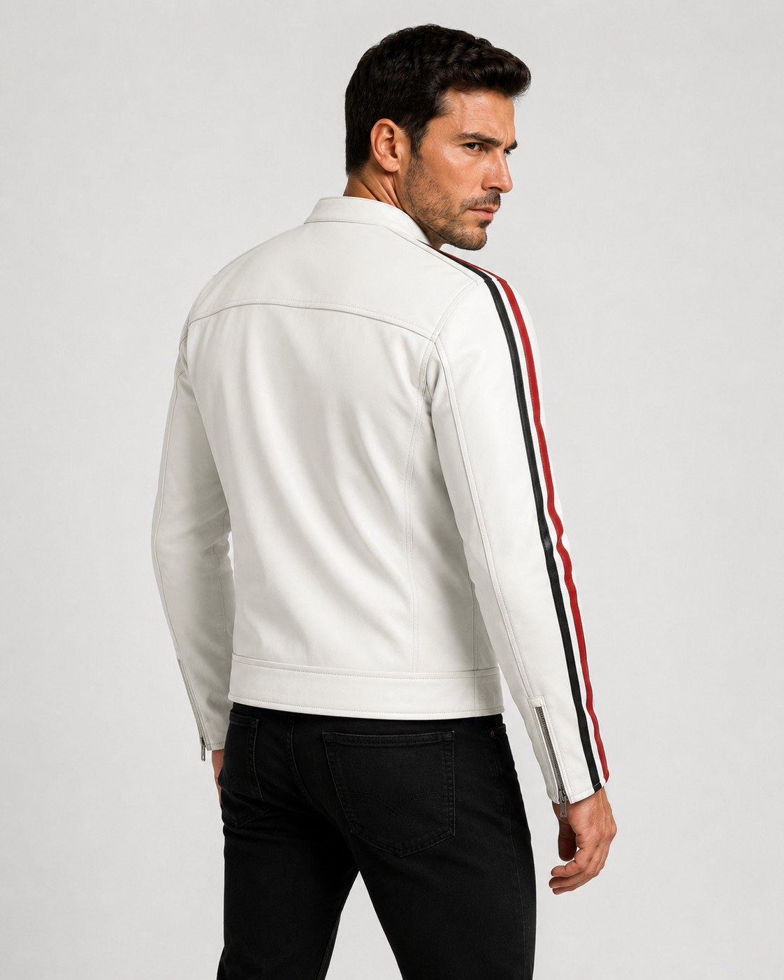 Men’s White Real Lambskin Leather Cafe Racer Jacket Red Black Racing Stripes
