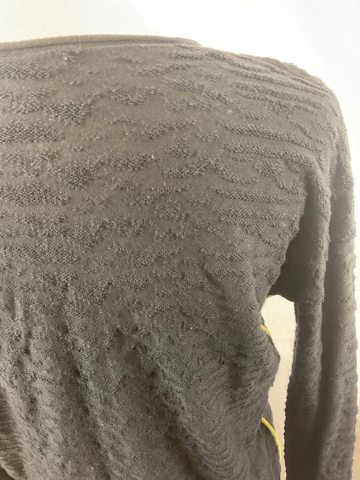 Lisa Todd Thin Textured Sweater Black Hello Weekend Beige Lime Trim Long Sleeve