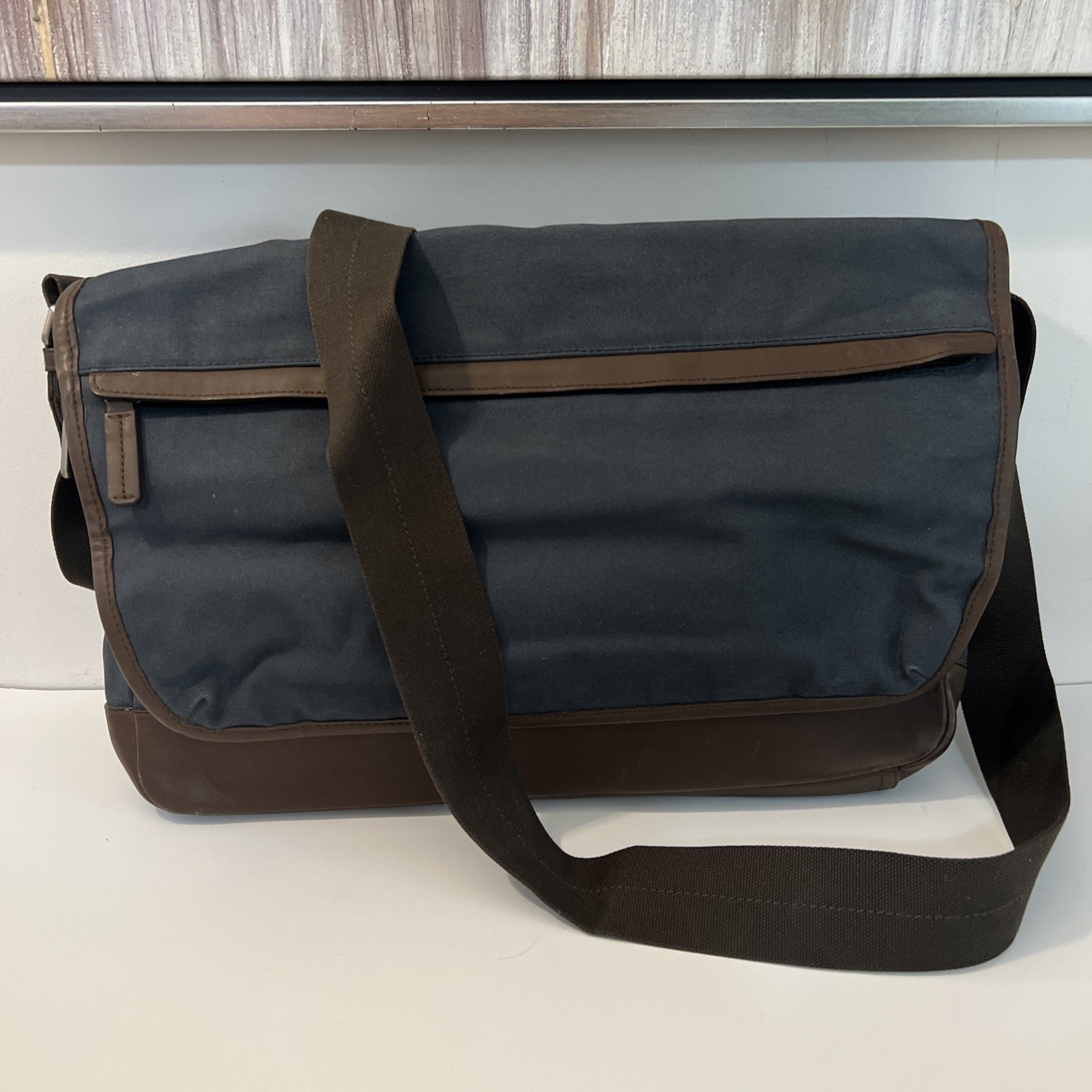 COACH Camden Messenger Bag Brown Grayish-blue Canvas Leather Trim 70829