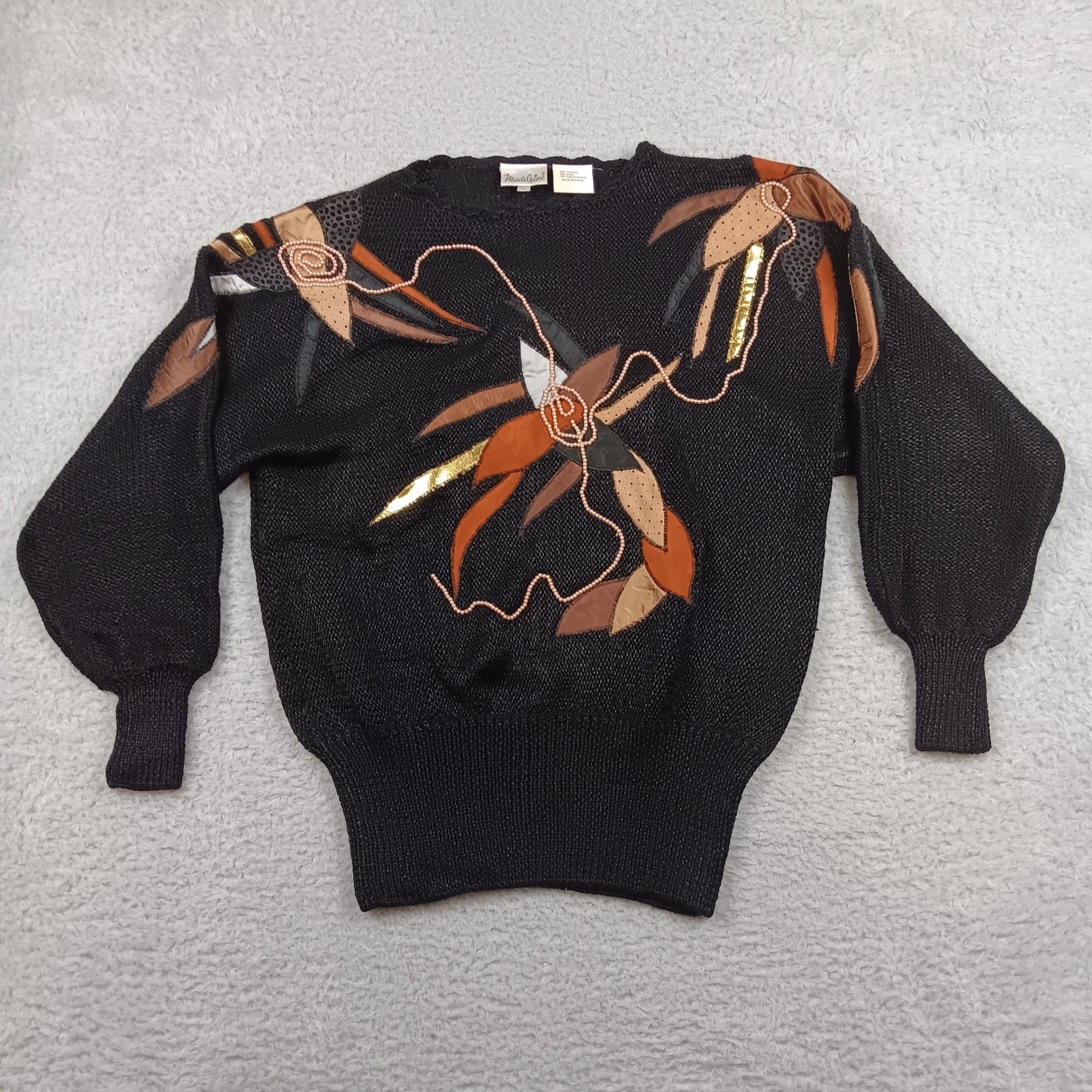 VTG Madeleine Sweater Women M Black Leather Beaded Mixed Media Floral Puff Slv