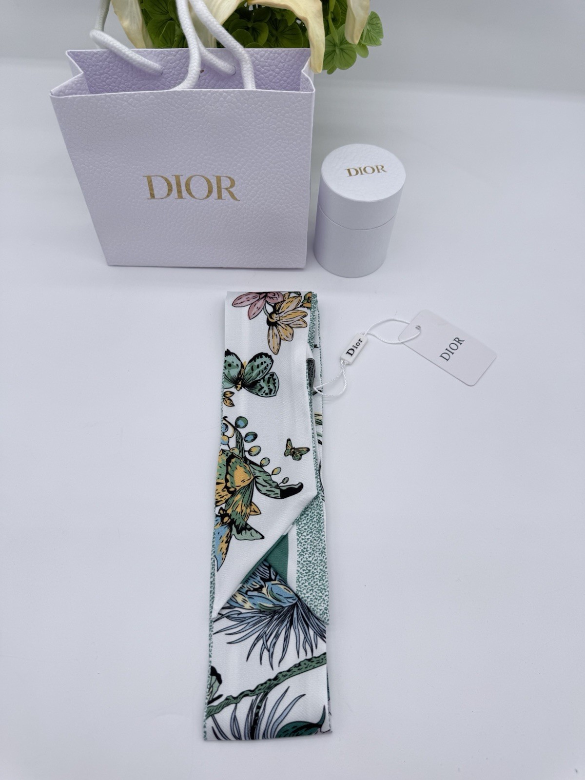 Christian Dior GWP Silk Ribbon Scarf Green Floral Butterfly Print 41.3″ Gift Box