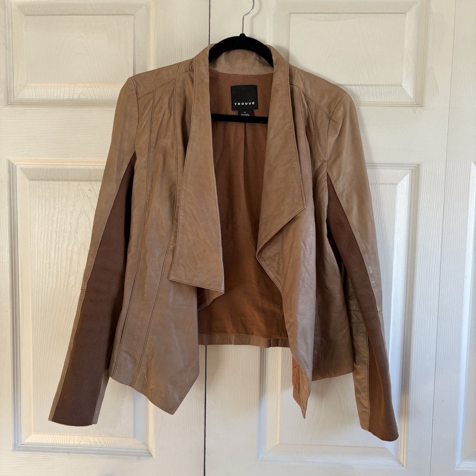 Trouvé Genuine Leather Tan Nude Draped Open Front Flyaway Collar Biker Jacket M
