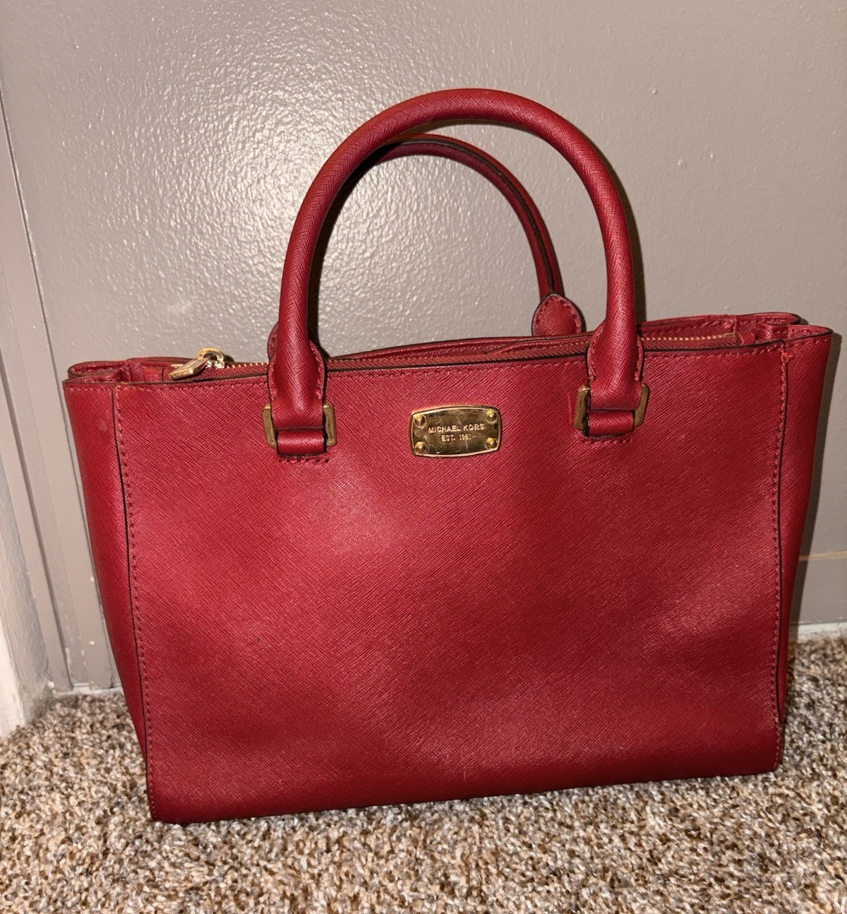 Michael Kors Red Zip-Top Satchel Top Handle Bag, Adjustable Detachable Strap
