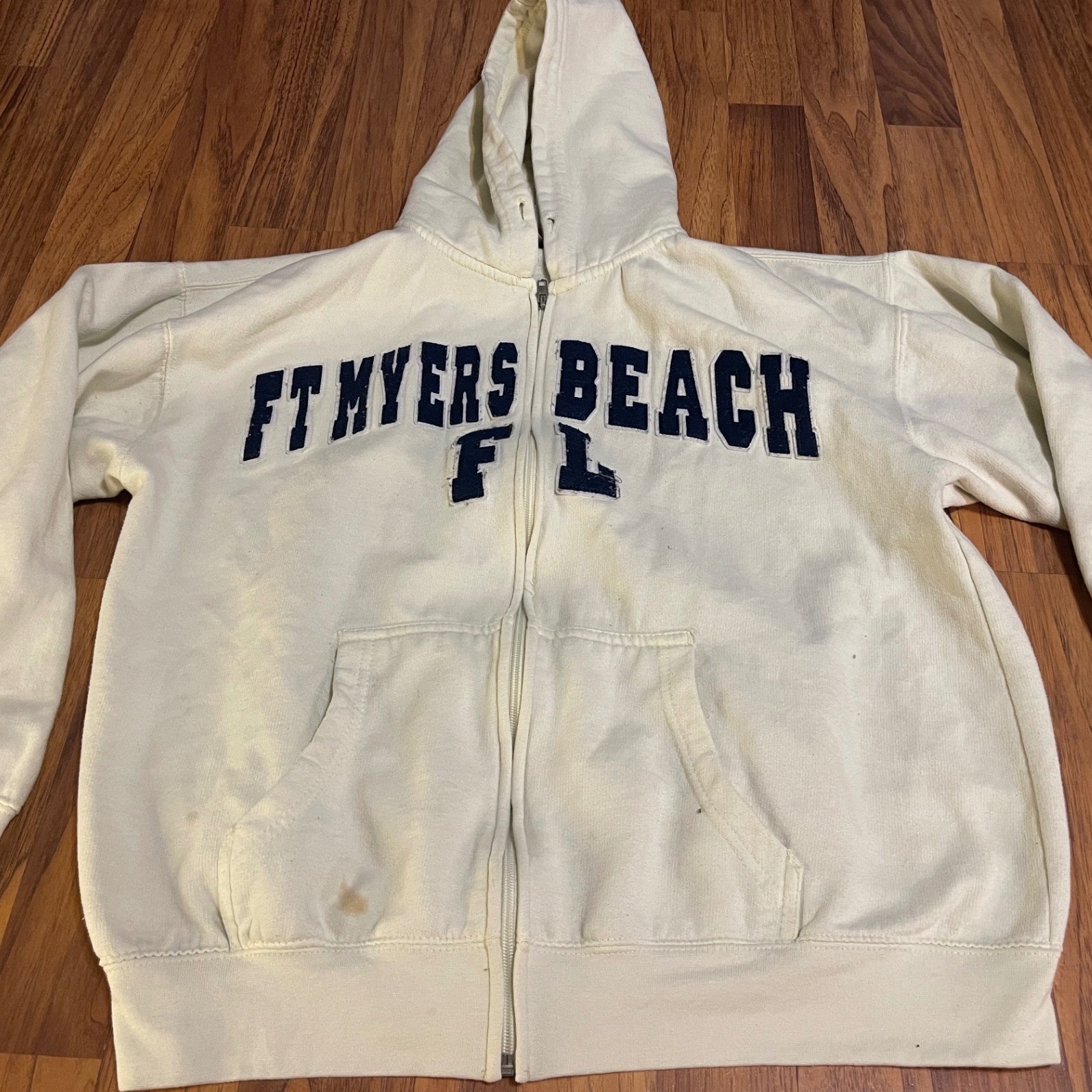 U.S. Apparel Ft Myers Beach FL Zip Up Hoodie Cream Mens Medium Florida Souvenir