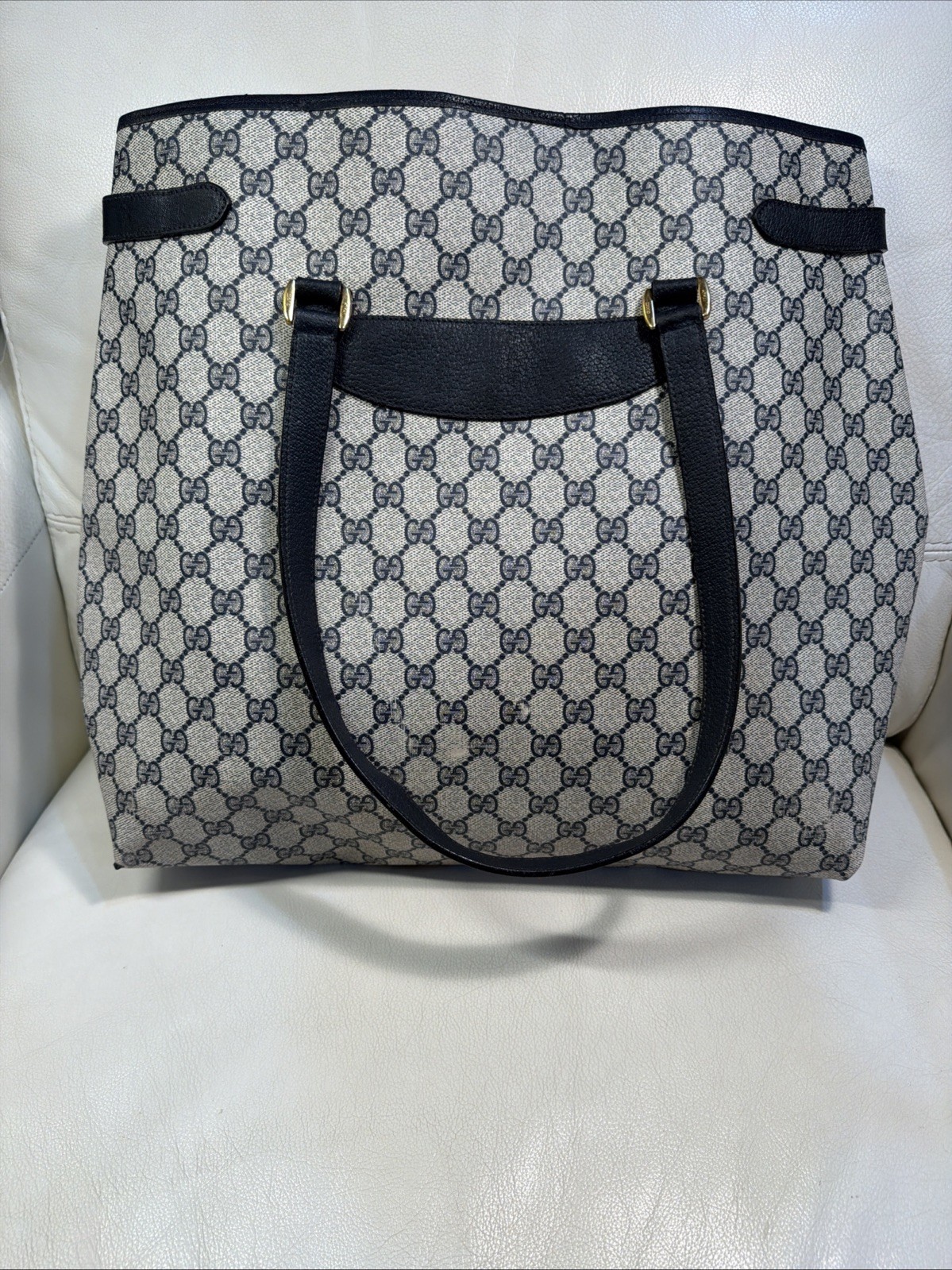 Gucci Tote Shoulder Bag Coated Canvas Gray Navy GG Pattern Accessories Collectio