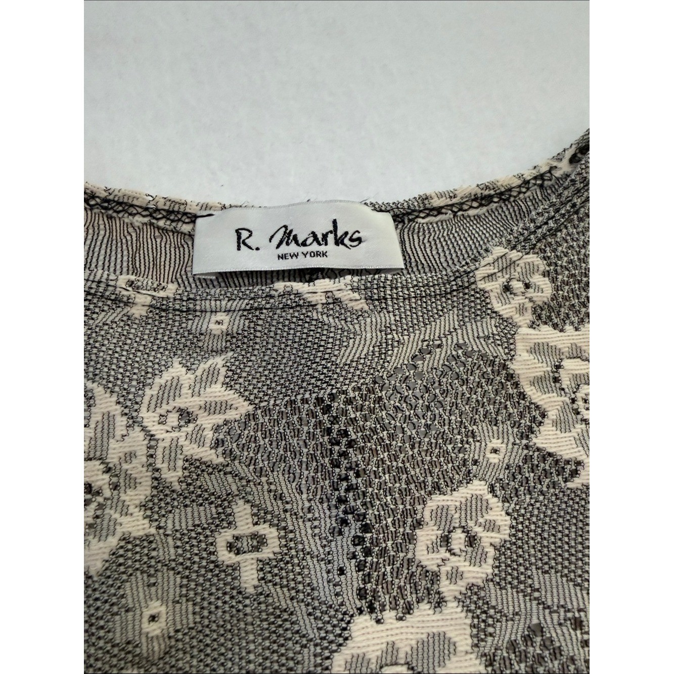 Vintage R Marks New York Sheer Lace Peplum Blouse Black Ivory Floral Mesh Top M