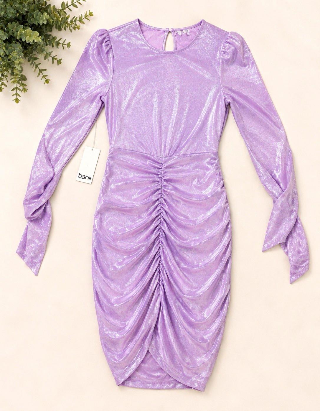 bar III Women’s Purple Shimmer Ruched Bodycon Mini Dress Round Neck (medium)