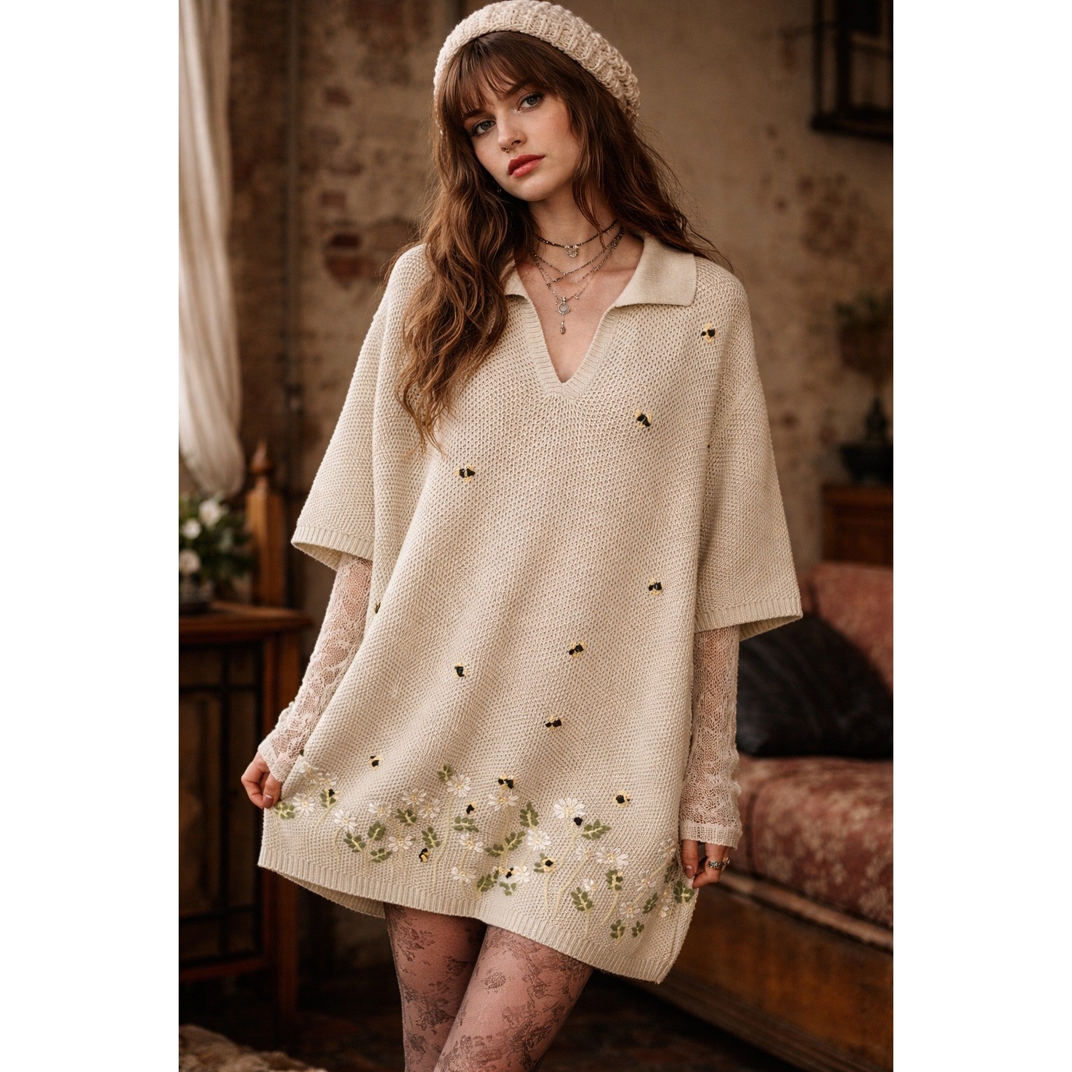 White Stag Plus 26W 28W Bee Floral Embroidered Knit Sweater Grandma Cottage NEW