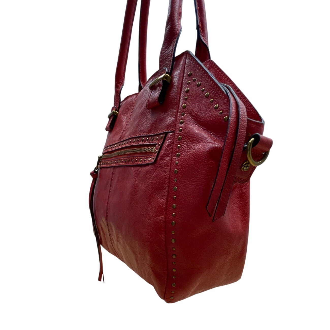 Elliott Lucca Red Studded Leather With Top Handles & Crossbody Strap Satchel Bag