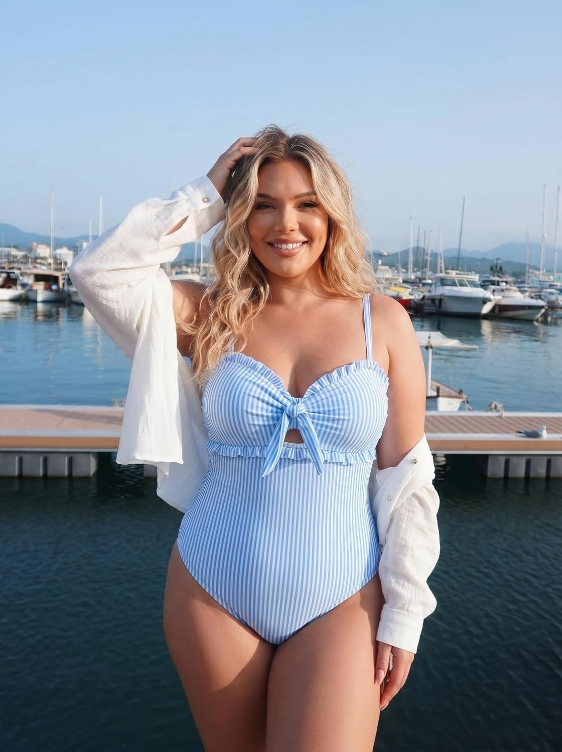Women’s One Piece Swimsuit Knotted Front Ruffle Trim Bathing Suits Tummy Control