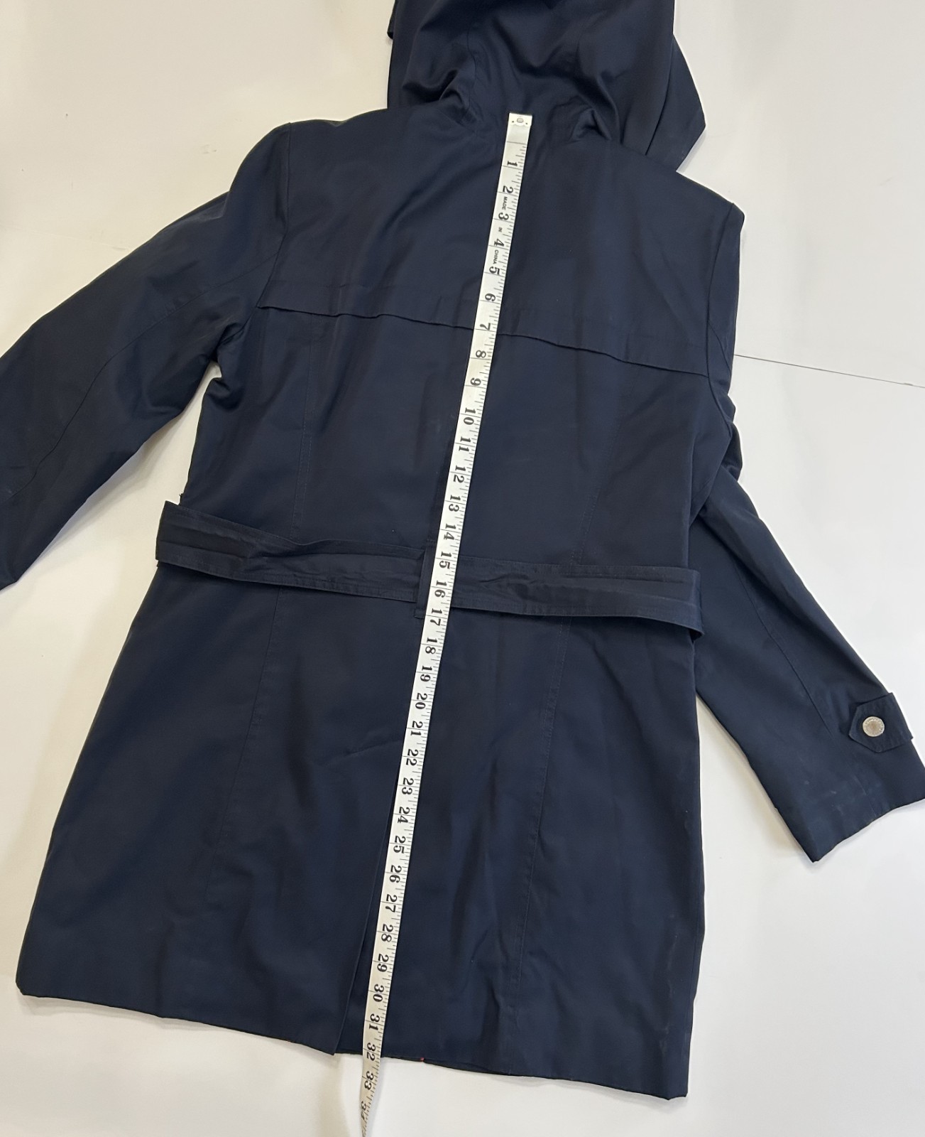 London Fog Women’s Navy Blue Hooded Raincoat Size S Belted Zip Snap Front