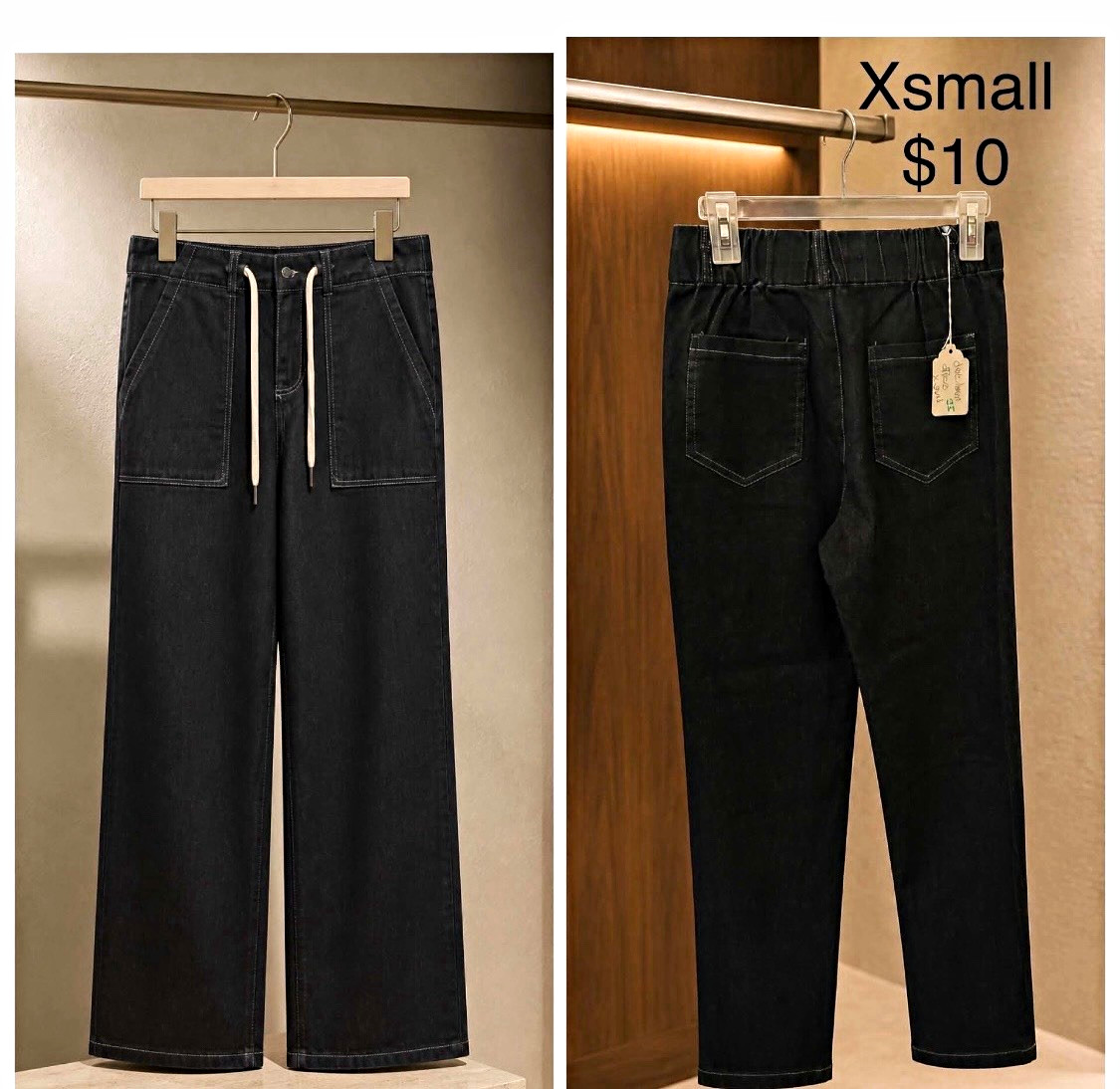 Women’s Black Straight Leg Denim Jeans Drawstring Elastic Waist, XS