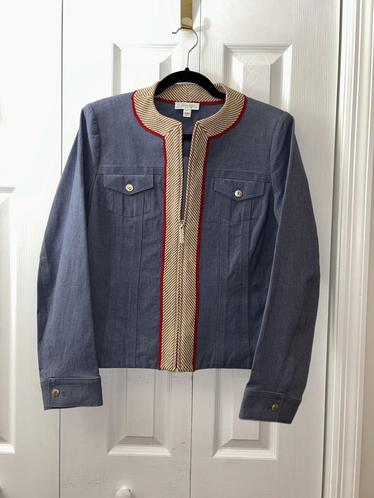 St. John Sport Blue Herringbone Zip Jacket Button Cuffs Chest Pockets M